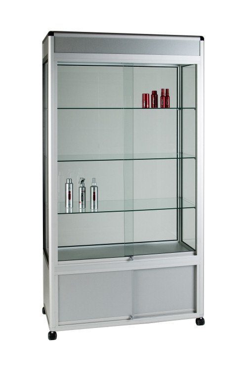 Unibox UB015 - 3/4 Display Tower Showcase with Header Panel and Storage - Wide 1 Unibox UB015 - 3/4 Display Tower Showcase with Header Panel and Storage - Wide