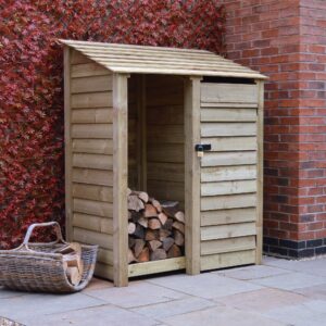 DTS-LGR - Cottesmore Tool Store - Light Green - Front Left - With Logs