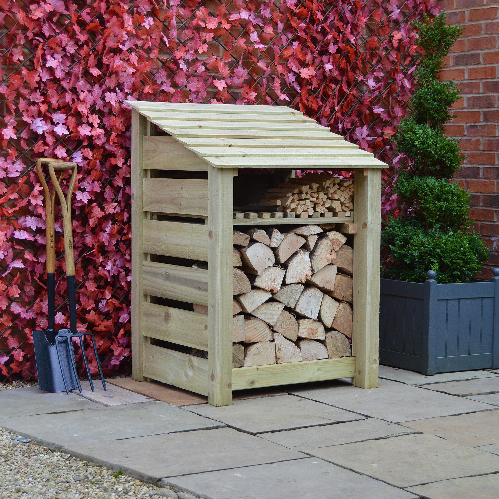 Burley Log Store - 4ft tall x 3ft wide 4 SLS4-LGR-KS-SLT - Burley 4ft Log Store - Light Green - Kindling Shelf - Slatted Sides - Front Side View with Logs 01
