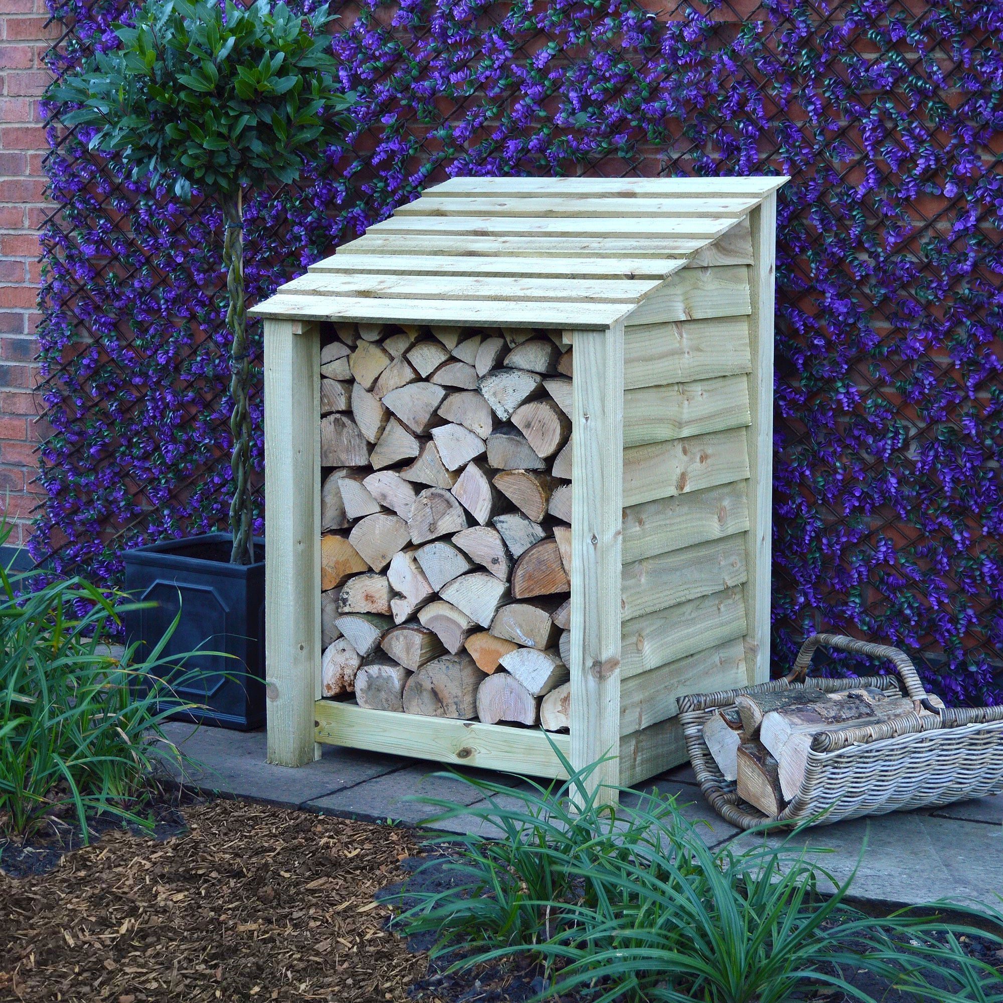 Burley Log Store - 4ft tall x 3ft wide 2 SLS4-LGR-SLD - Burley 4ft Log Store - Light Green - Solid Sides - Front Side View with Logs