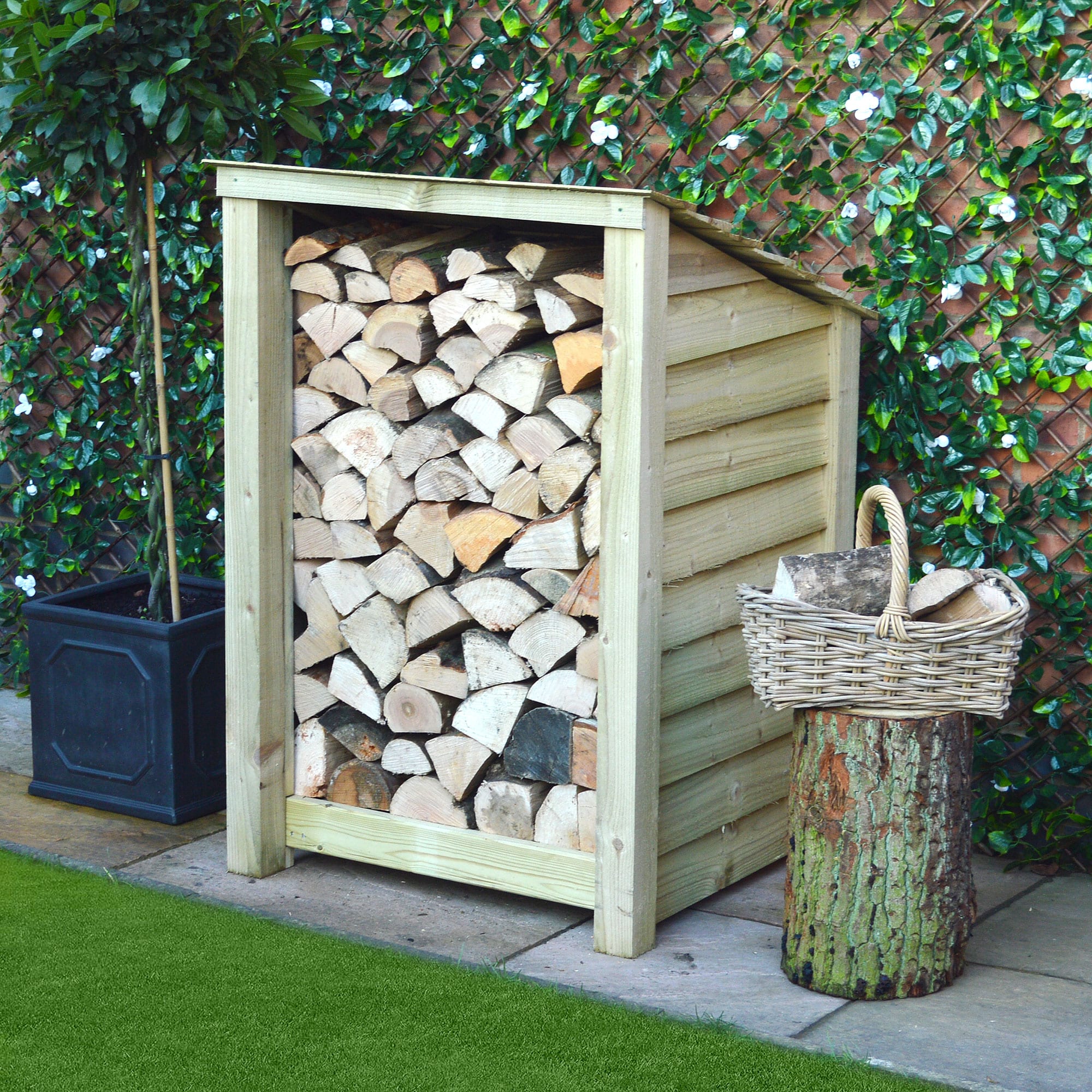 Burley Log Store - 4ft tall x 3ft wide 7 SLS4-LGR-SLD-RR - Burley 4ft Log Store - Light Green - Solid Sides - Reversed Roof - Front Side View with Logs 02