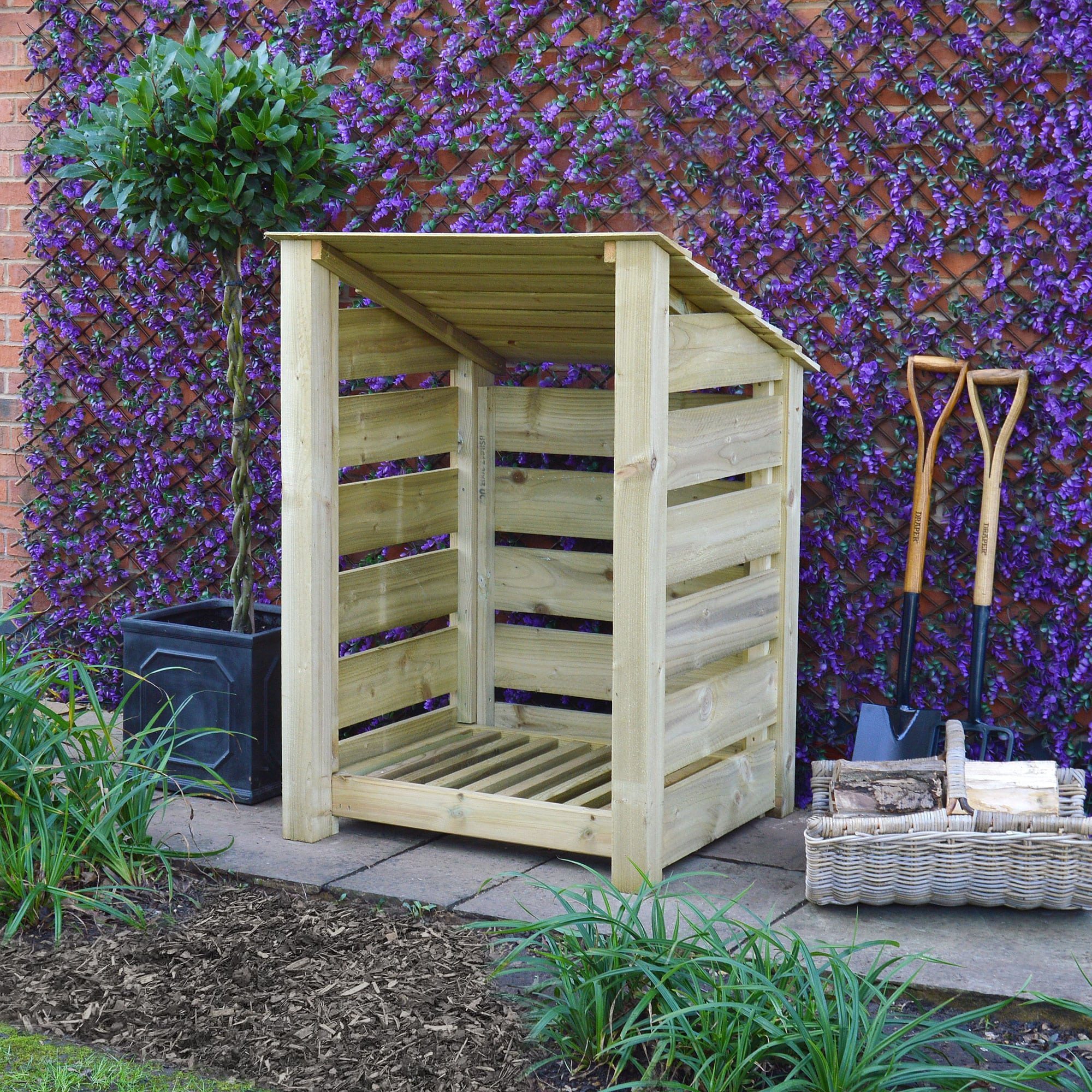 Burley Log Store - 4ft tall x 3ft wide 5 SLS4-LGR-SLT-RR - Burley 4ft Log Store - Light Green - Slatted Sides - Reversed Roof - Front Side View