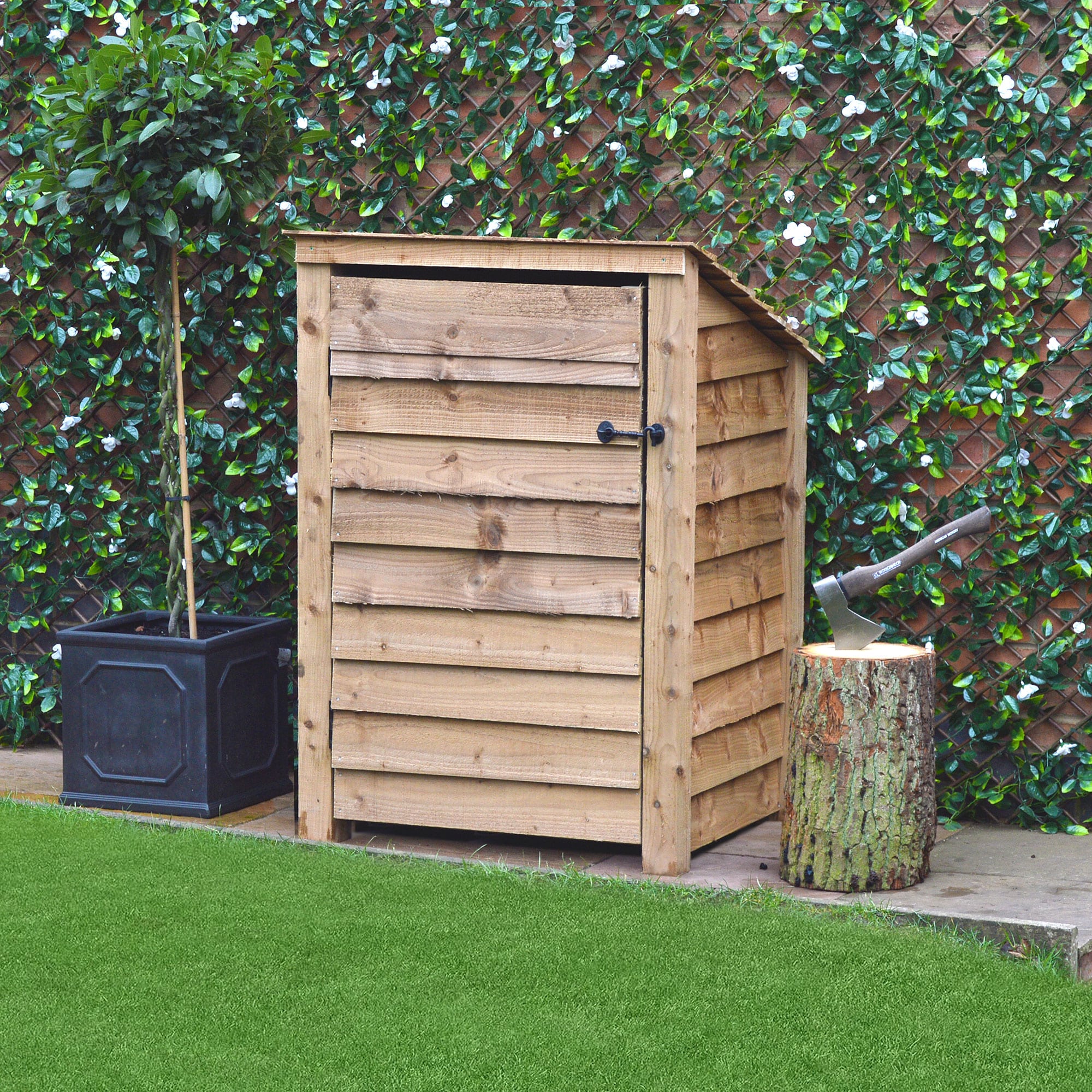 Burley Log Store - 4ft tall x 3ft wide 9 SLS4-RBR-DR-SLD-RR - Burley 4ft Log Store - Rustic Brown - Door - Solid Sides - Reversed Roof - Front Side View