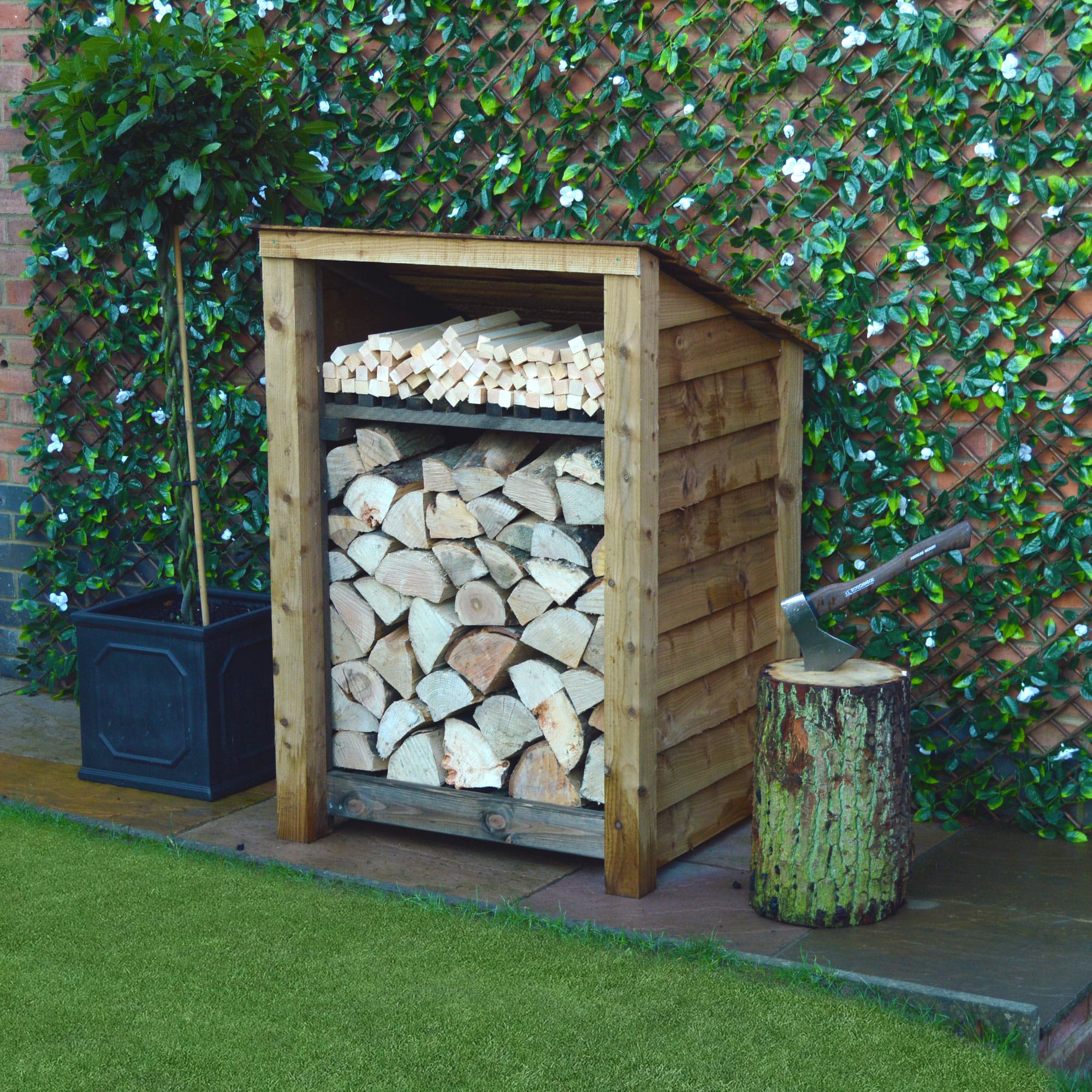 Burley Log Store - 4ft tall x 3ft wide 10 SLS4-RBR-KS-SLD-RR - Burley 4ft Log Store - Rustic Brown - Kindling Shelf - Solid Sides - Reversed Roof - Front Side View