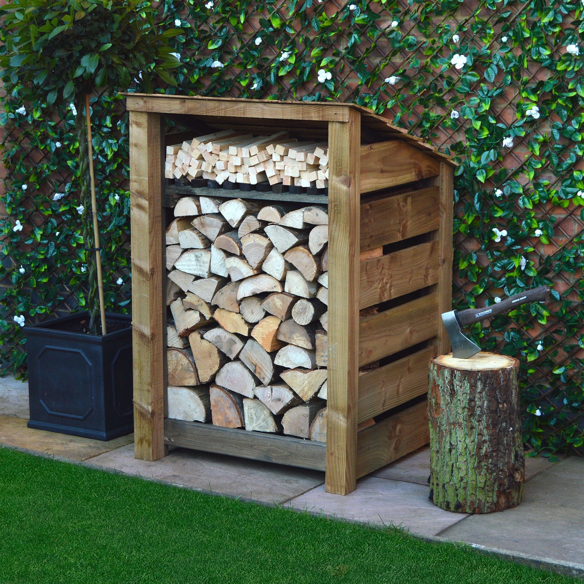 Burley Log Store - 4ft tall x 3ft wide 11 SLS4-RBR-KS-SLT-RR - Burley 4ft Log Store - Rustic Brown - Kindling Shelf - Slatted Sides - Reversed Roof - Front Side View with Logs