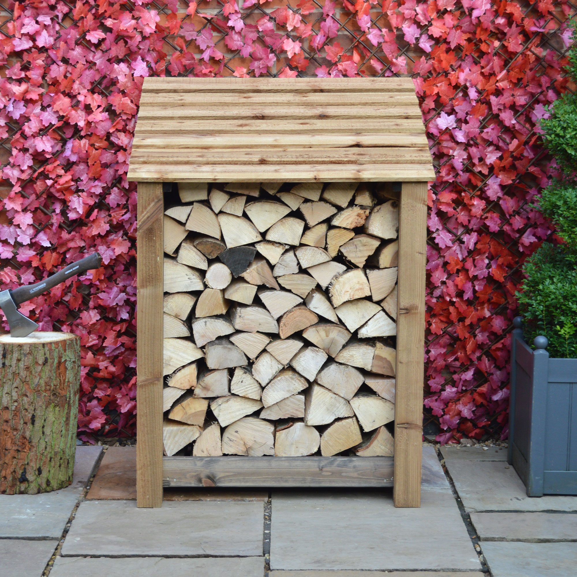 Burley Log Store - 4ft tall x 3ft wide 1 SLS4-RBR-SLD - Burley 4ft Log Store - Rustic Brown - Solid Sides - Front View with Logs