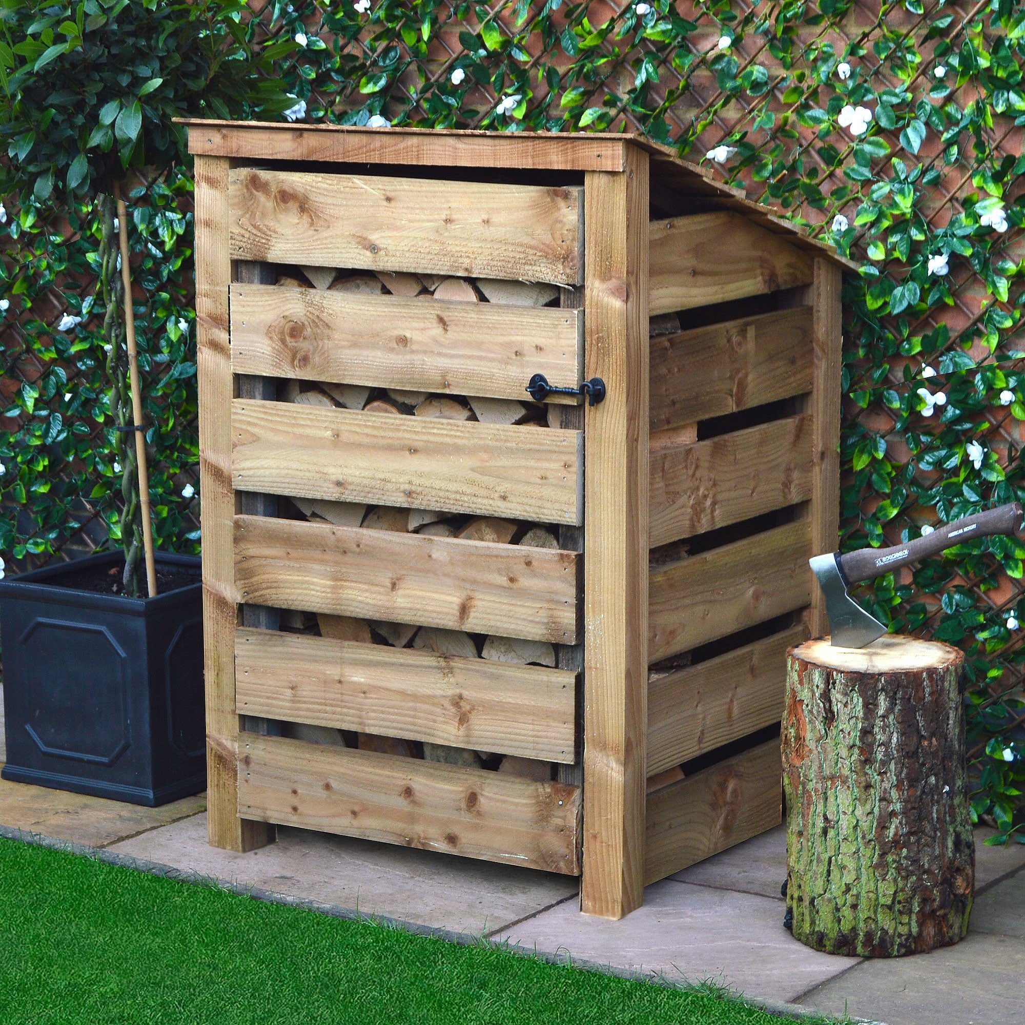 Burley Log Store - 4ft tall x 3ft wide 12 SLS4-RBR-SLT-RR - Burley 4ft Log Store - Rustic Brown - Door - Slatted Sides - Reversed Roof - Front Side View