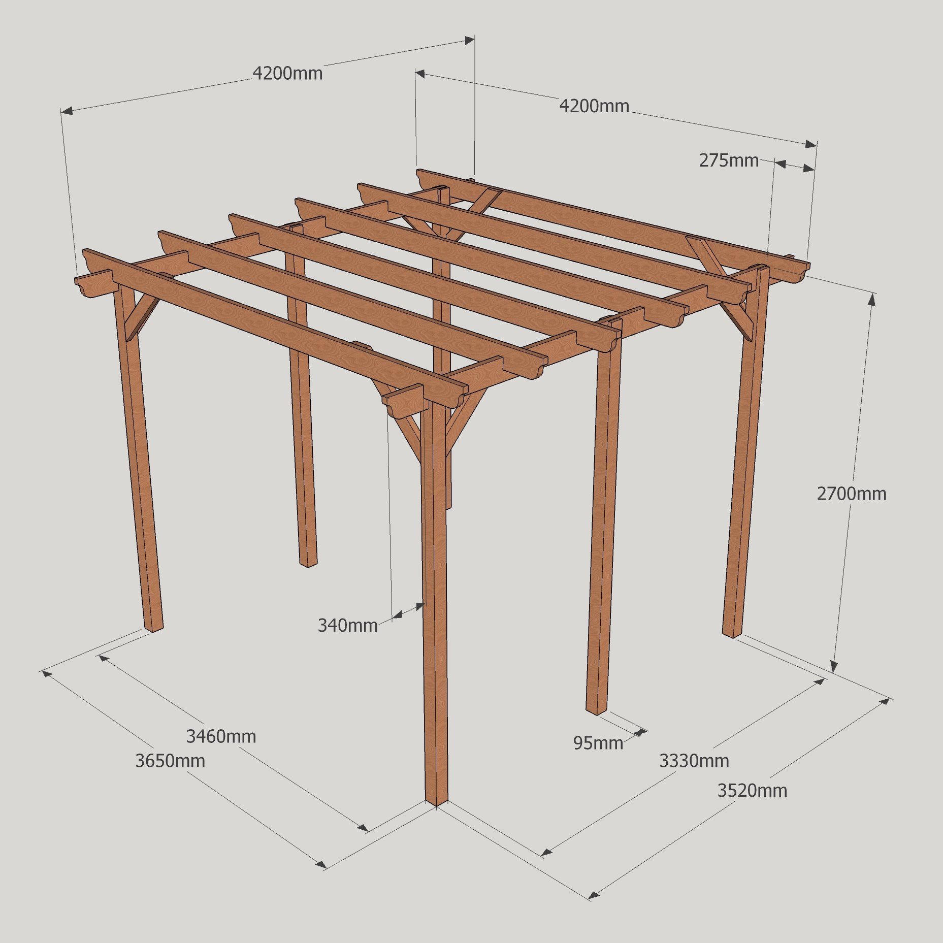 Garden Pergola - Sculpted Rafter End - 6 Post 3 Garden Pergola – Sculpted Rafter End – 6 Post - 4.2m x 4.2m Dimensioned Drawing