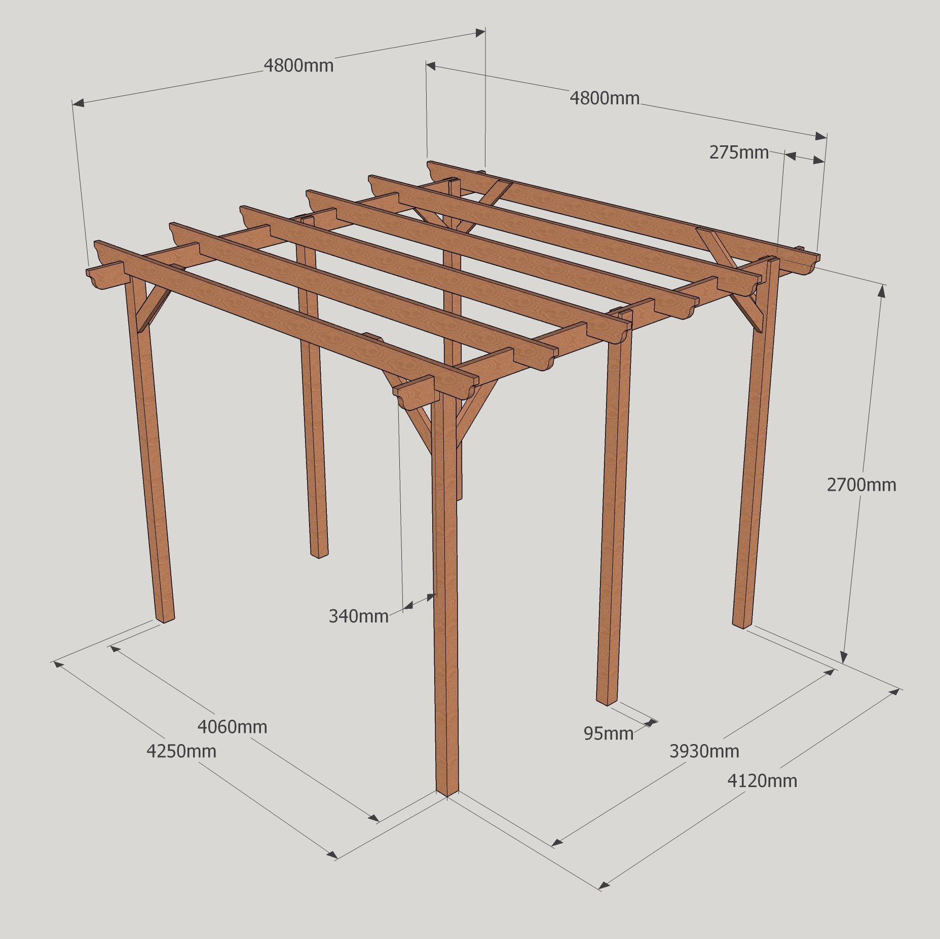 Garden Pergola - Sculpted Rafter End - 6 Post 4 Garden Pergola – Sculpted Rafter End – 6 Post - 4.8m x 4.8m Dimensioned Drawing