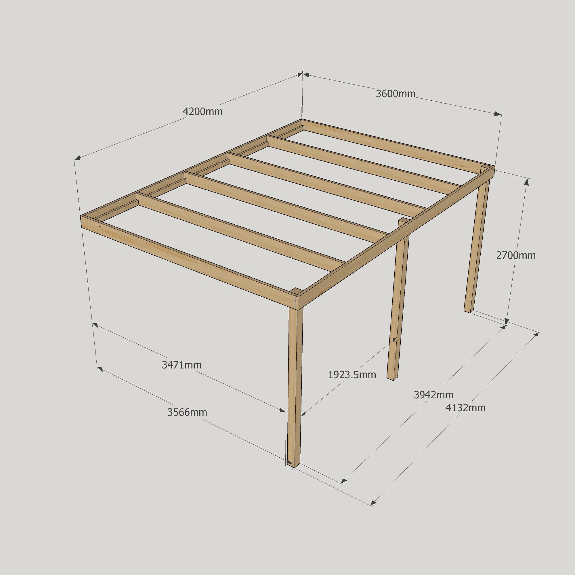 Wall Mounted Box Pergola - 3.6m Deep 9 Wall Mounted Box Pergola - 3600mm x 4200mm - 3 Post