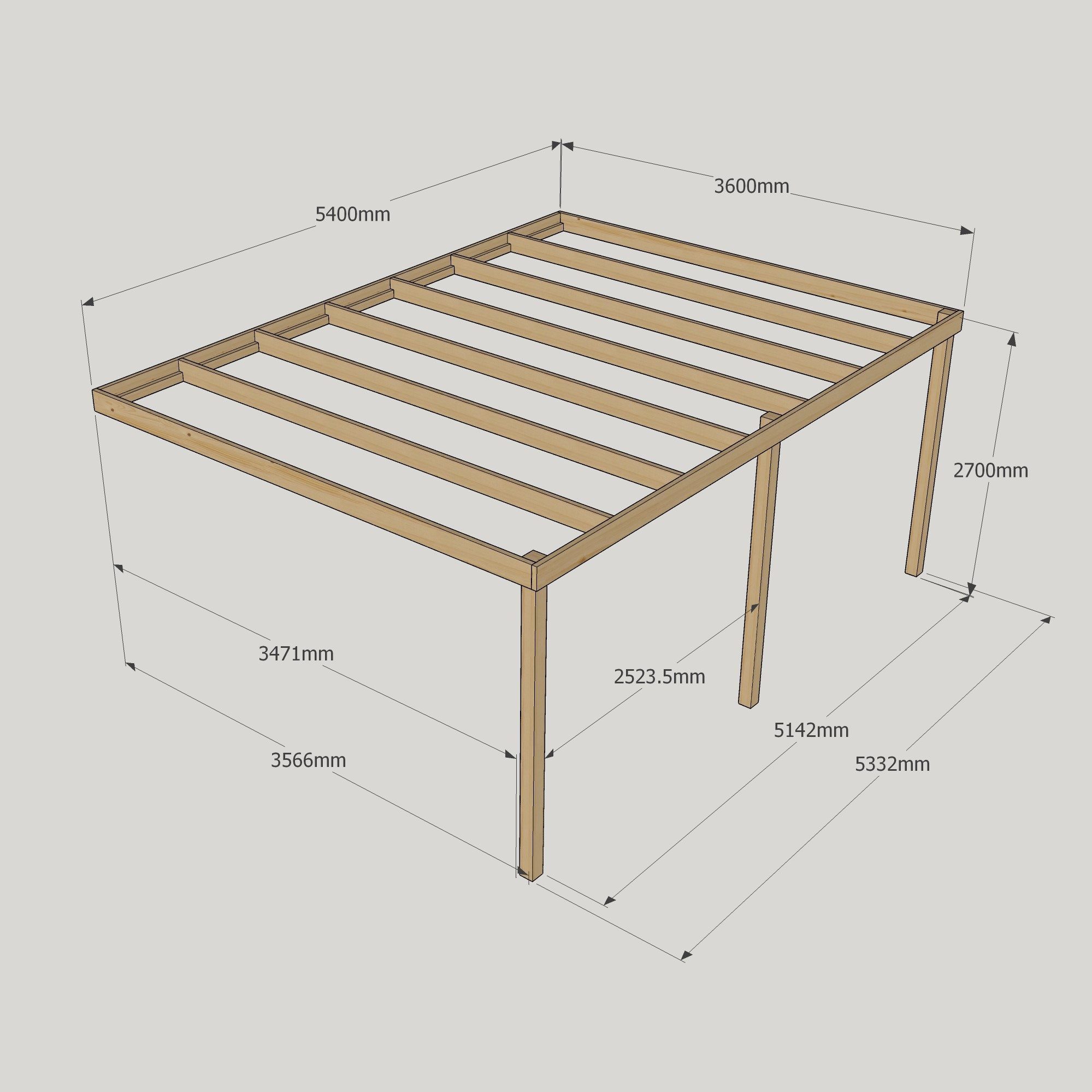 Wall Mounted Box Pergola - 3.6m Deep 12 Wall Mounted Box Pergola - 3600mm x 5400mm - 3 Post