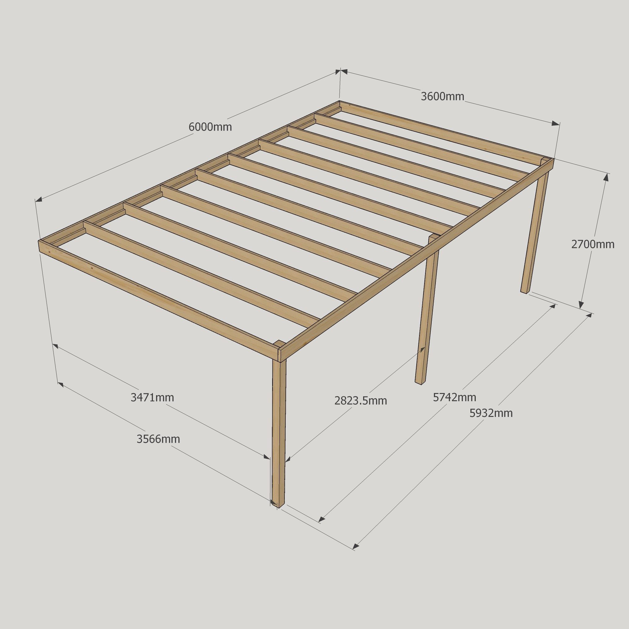 Wall Mounted Box Pergola - 3.6m Deep 13 Wall Mounted Box Pergola - 3600mm x 6000mm - 3 Post