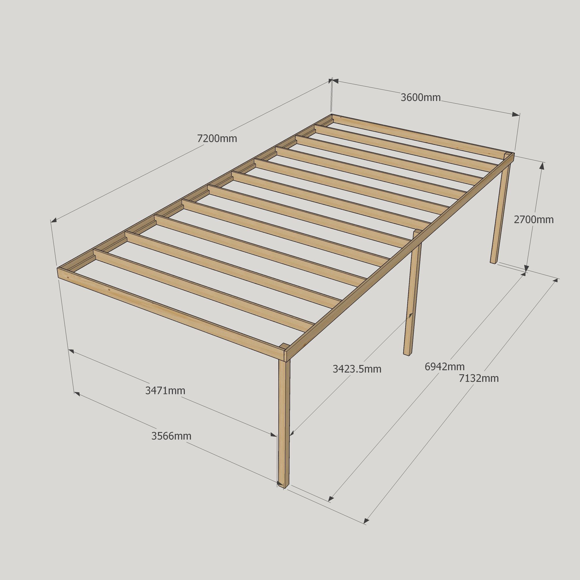 Wall Mounted Box Pergola - 3.6m Deep 15 Wall Mounted Box Pergola - 3600mm x 7200mm - 3 Post