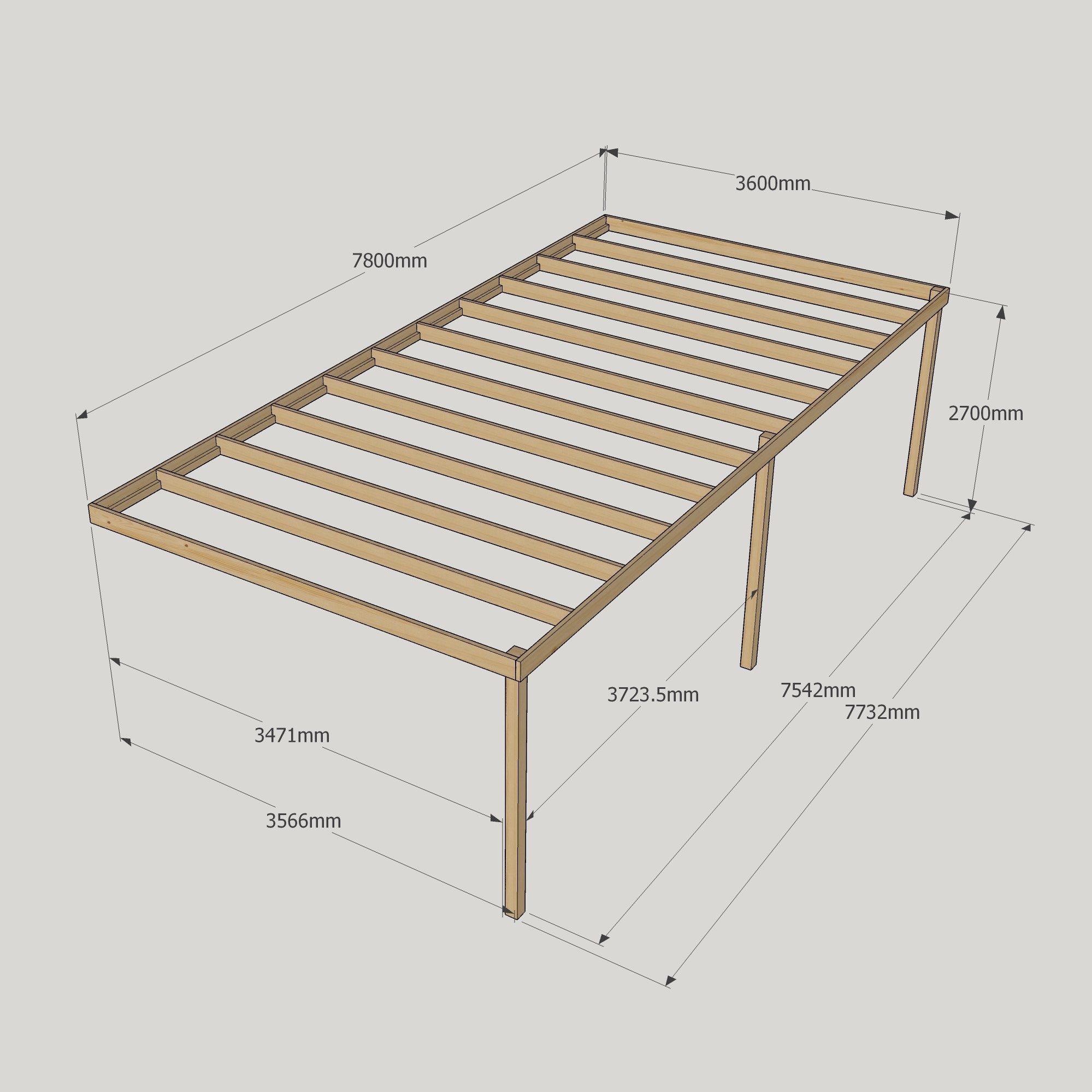 Wall Mounted Box Pergola - 3.6m Deep 16 Wall Mounted Box Pergola - 3600mm x 7800mm - 3 Post