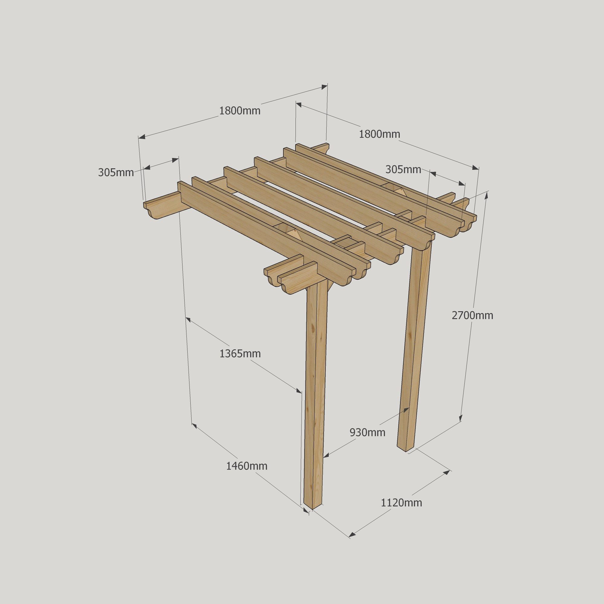 Wall Mounted Double Garden Pergola - 1.8m Deep 7 Wall Mounted Double Garden Pergola - 1800mm x 1800mm - 2 Post