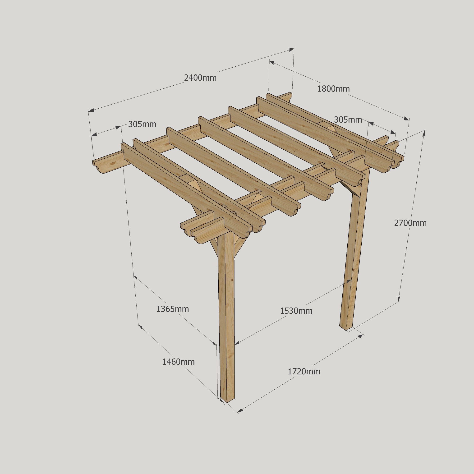 Wall Mounted Double Garden Pergola - 1.8m Deep 8 Wall Mounted Double Garden Pergola - 1800mm x 2400mm - 2 Post