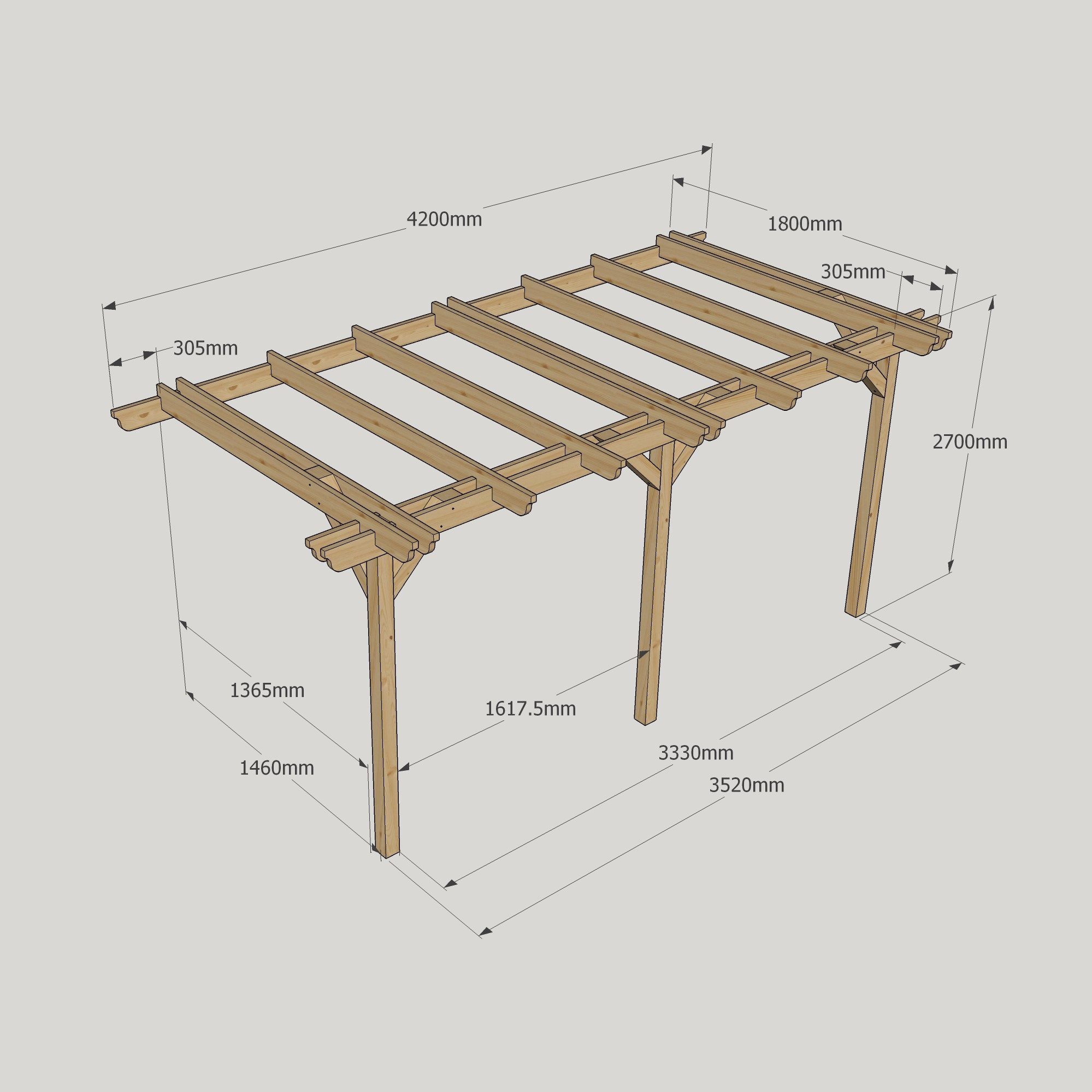 Wall Mounted Double Garden Pergola - 1.8m Deep 12 Wall Mounted Double Garden Pergola - 1800mm x 4200mm - 3 Post