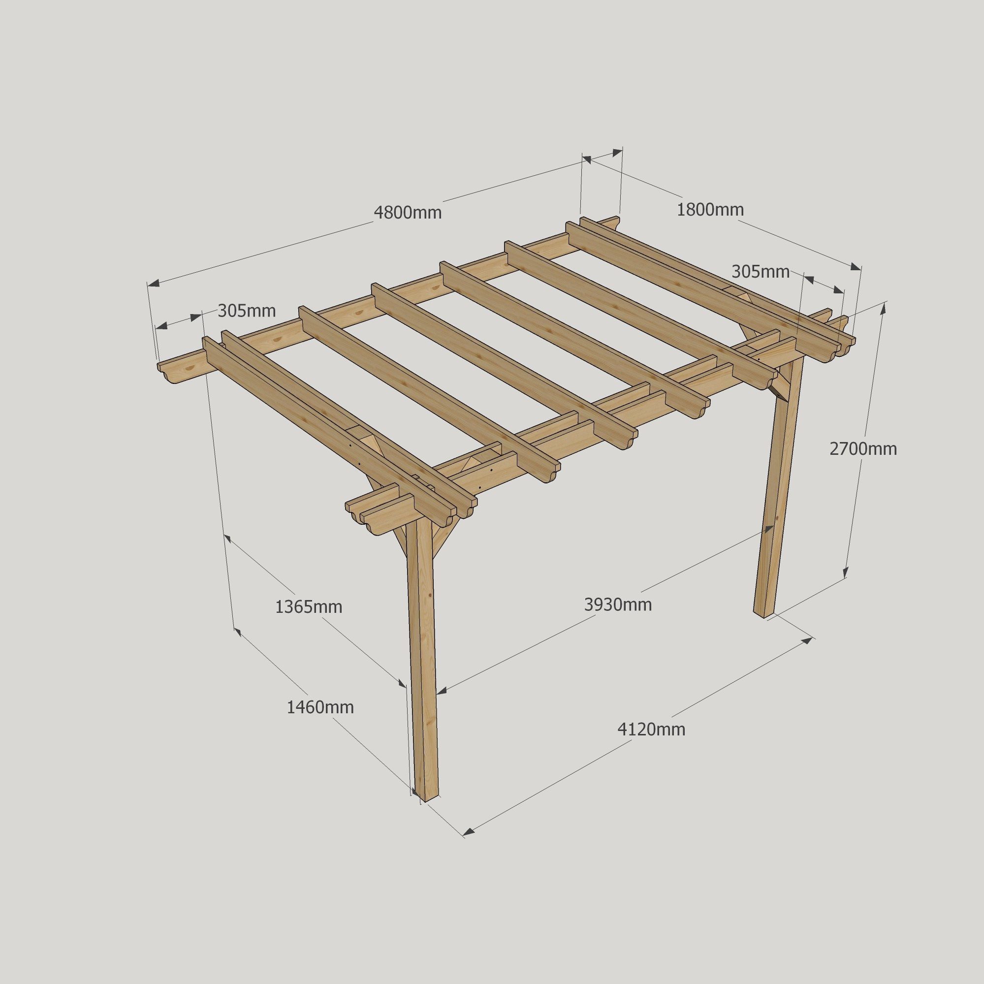 Wall Mounted Double Garden Pergola - 1.8m Deep 13 Wall Mounted Double Garden Pergola - 1800mm x 4800mm - 2 Post
