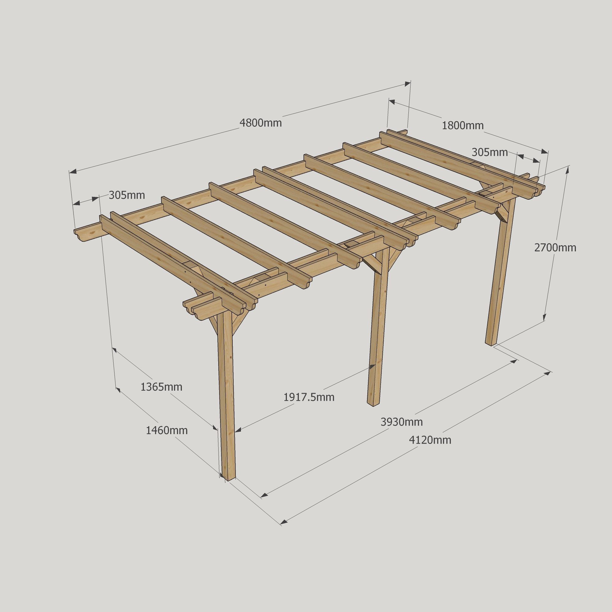 Wall Mounted Double Garden Pergola - 1.8m Deep 14 Wall Mounted Double Garden Pergola - 1800mm x 4800mm - 3 Post