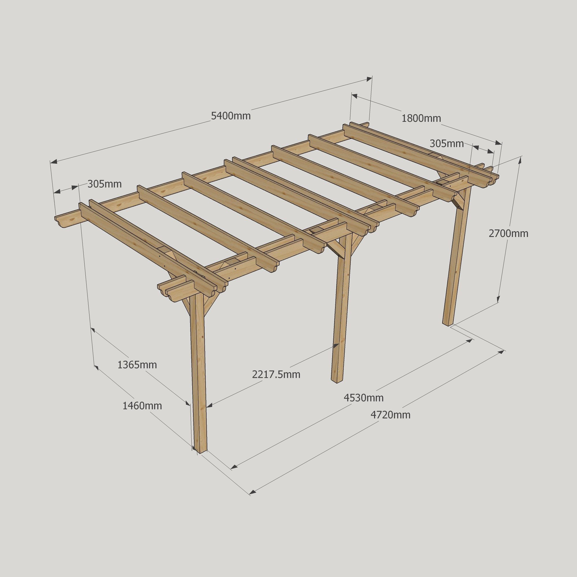 Wall Mounted Double Garden Pergola - 1.8m Deep 15 Wall Mounted Double Garden Pergola - 1800mm x 5400mm - 3 Post