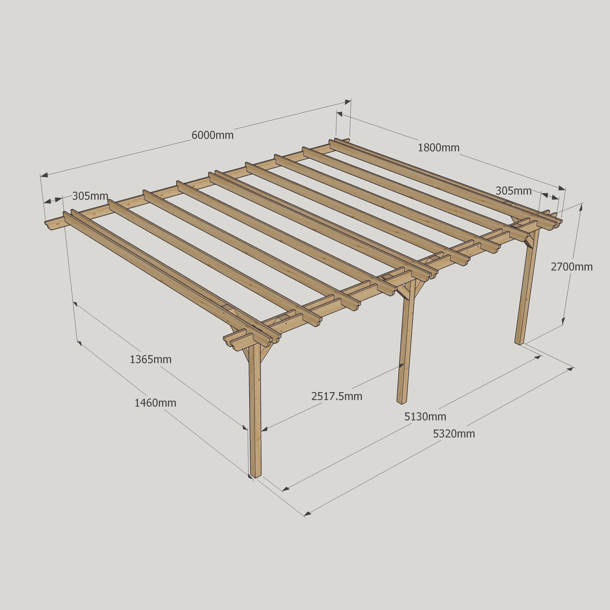 Wall Mounted Double Garden Pergola - 1.8m Deep 16 Wall Mounted Double Garden Pergola - 1800mm x 6000mm - 3 Post
