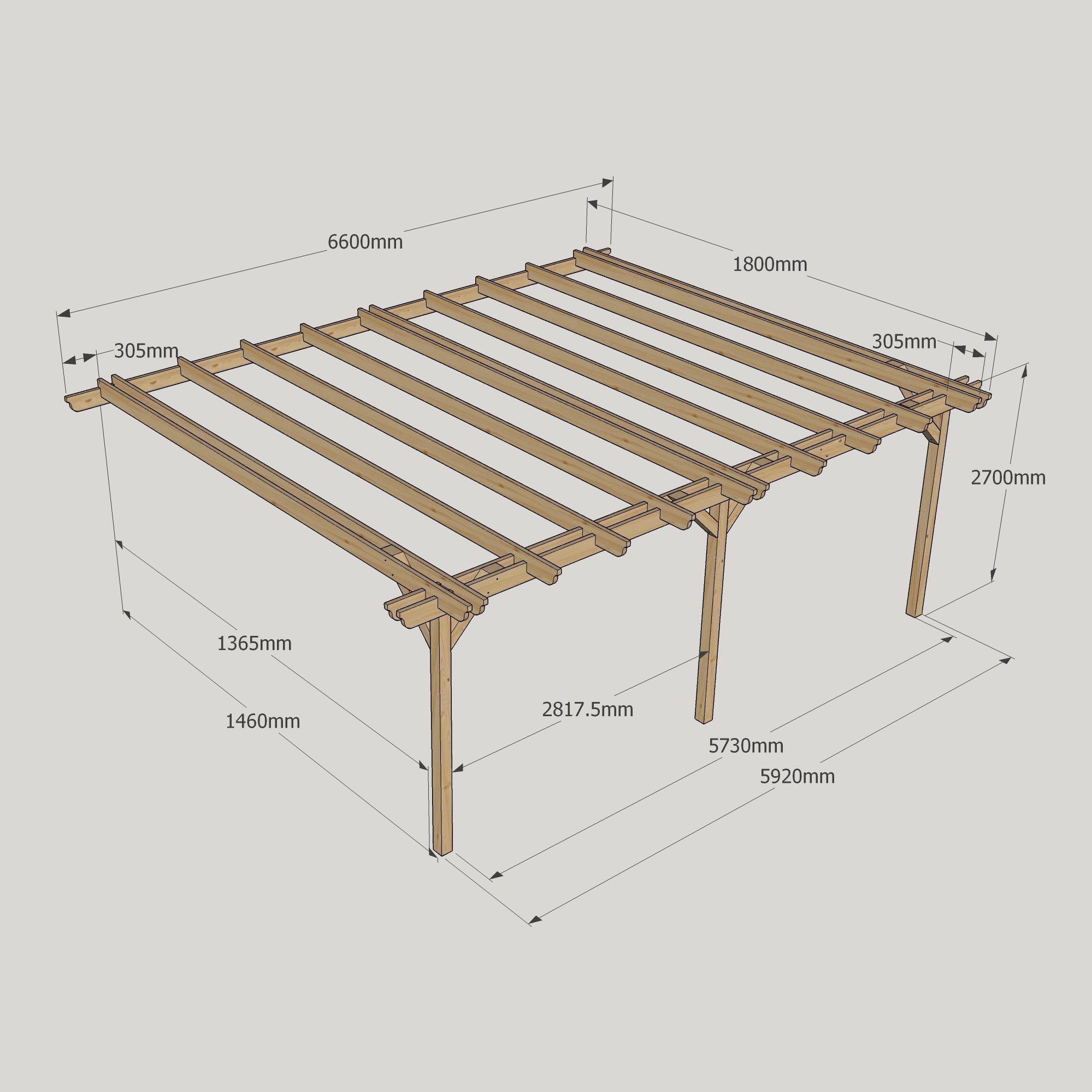 Wall Mounted Double Garden Pergola - 1.8m Deep 17 Wall Mounted Double Garden Pergola - 1800mm x 6600mm - 3 Post