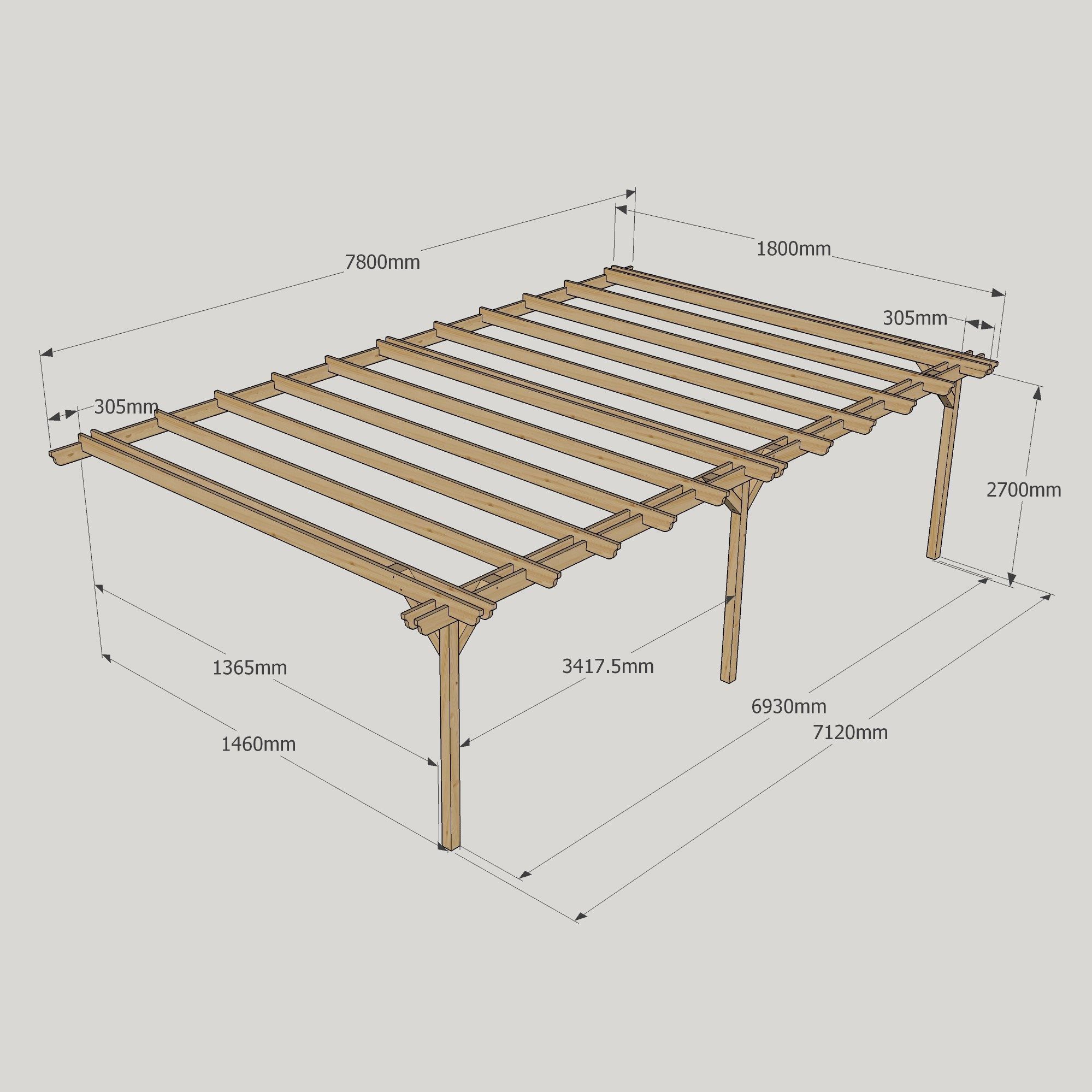 Wall Mounted Double Garden Pergola - 1.8m Deep 19 Wall Mounted Double Garden Pergola - 1800mm x 7800mm - 3 Post