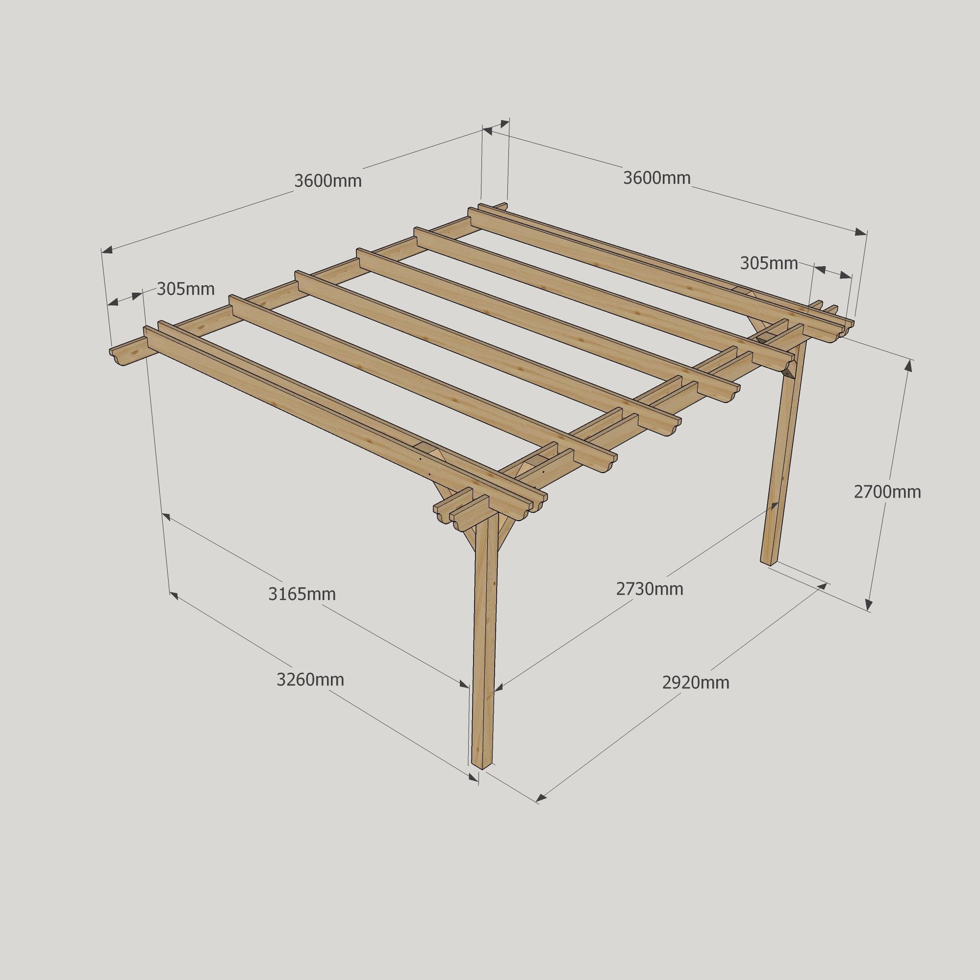 Wall Mounted Double Garden Pergola - 3.6m Deep 7 Wall Mounted Double Garden Pergola - 3600mm x 3600mm - 2 Post