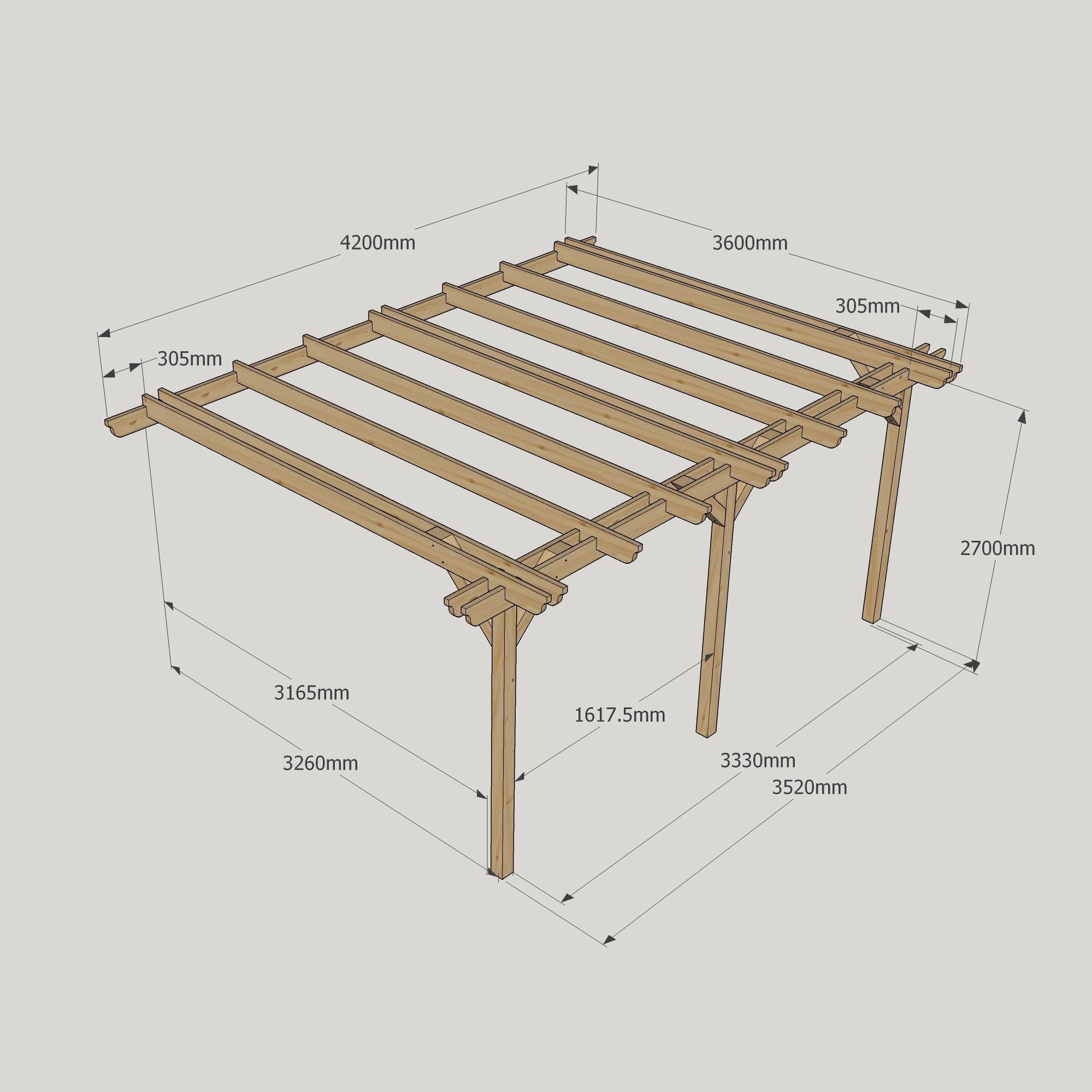 Wall Mounted Double Garden Pergola - 3.6m Deep 9 Wall Mounted Double Garden Pergola - 3600mm x 4200mm - 3 Post