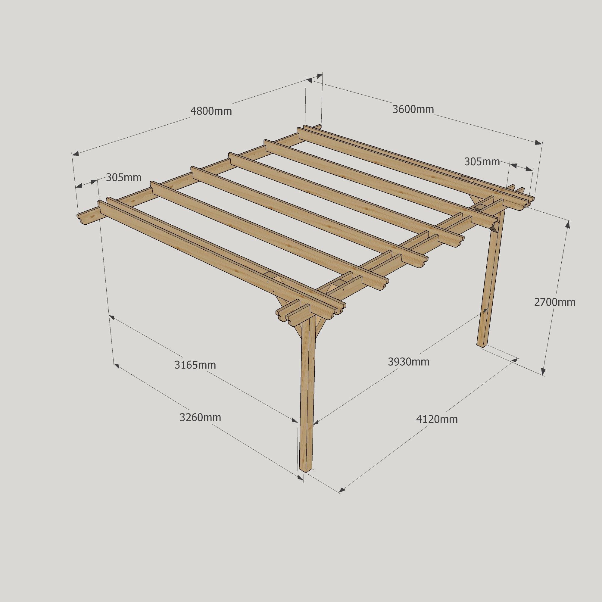 Wall Mounted Double Garden Pergola - 3.6m Deep 10 Wall Mounted Double Garden Pergola - 3600mm x 4800mm - 2 Post