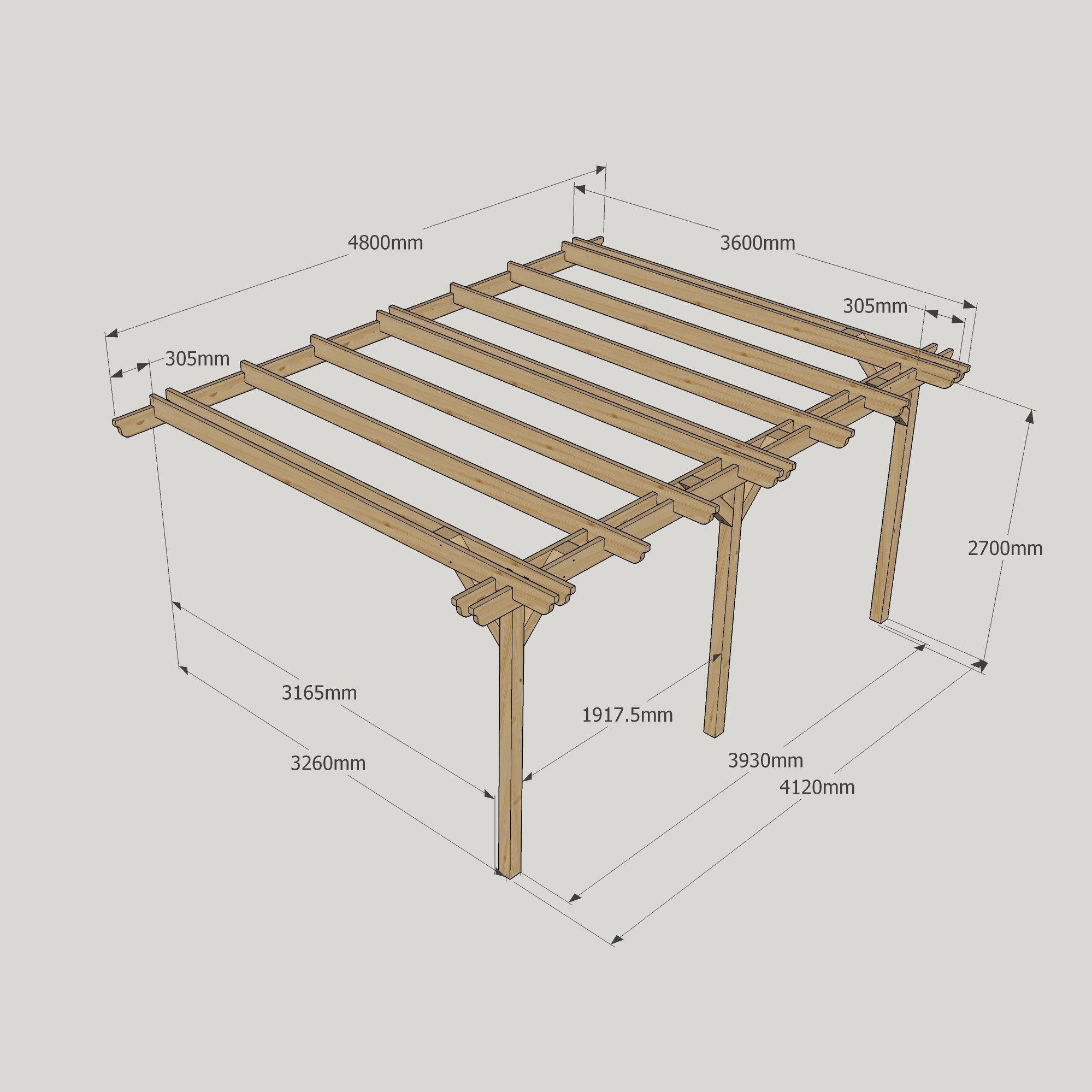 Wall Mounted Double Garden Pergola - 3.6m Deep 11 Wall Mounted Double Garden Pergola - 3600mm x 4800mm - 3 Post