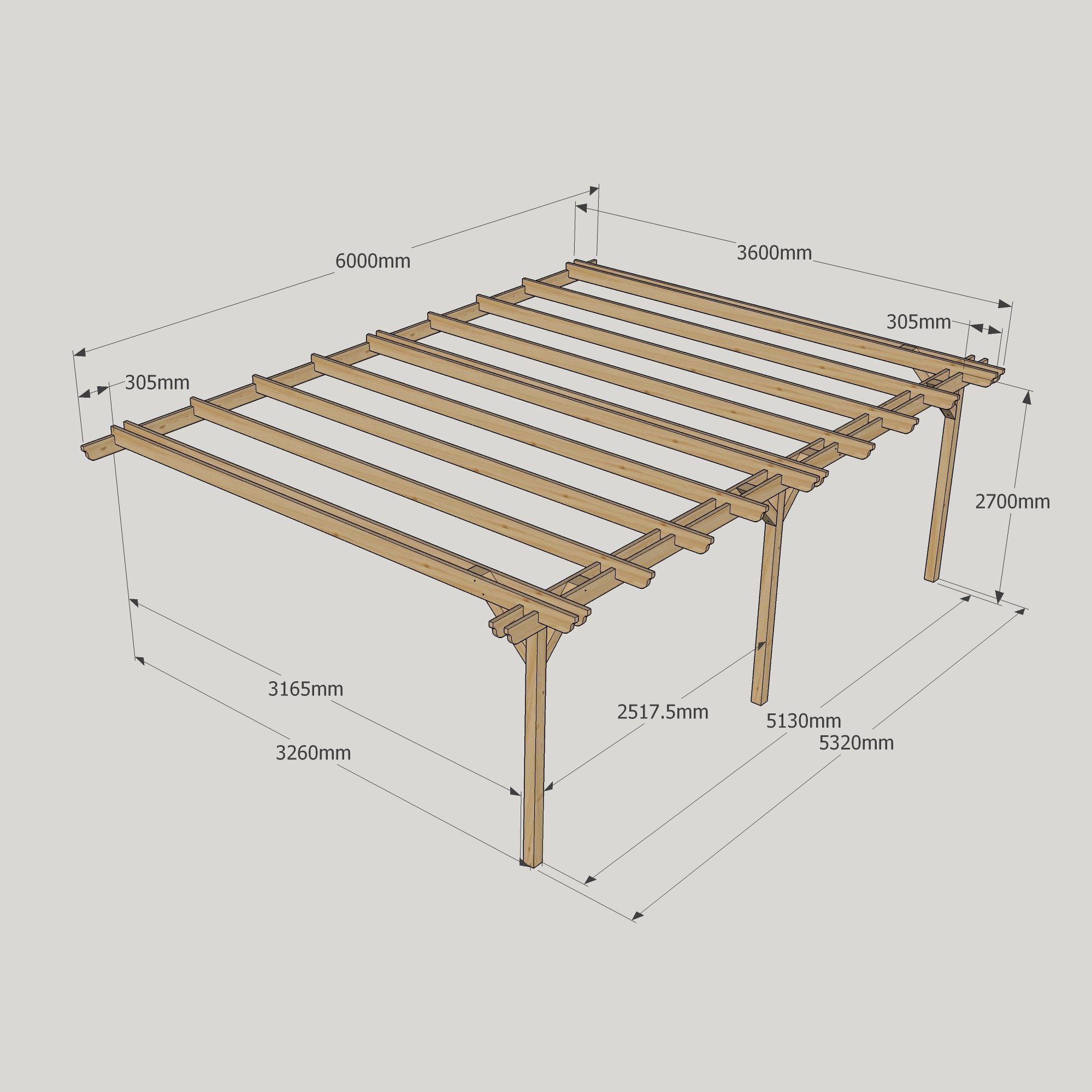 Wall Mounted Double Garden Pergola - 3.6m Deep 13 Wall Mounted Double Garden Pergola - 3600mm x 6000mm - 3 Post