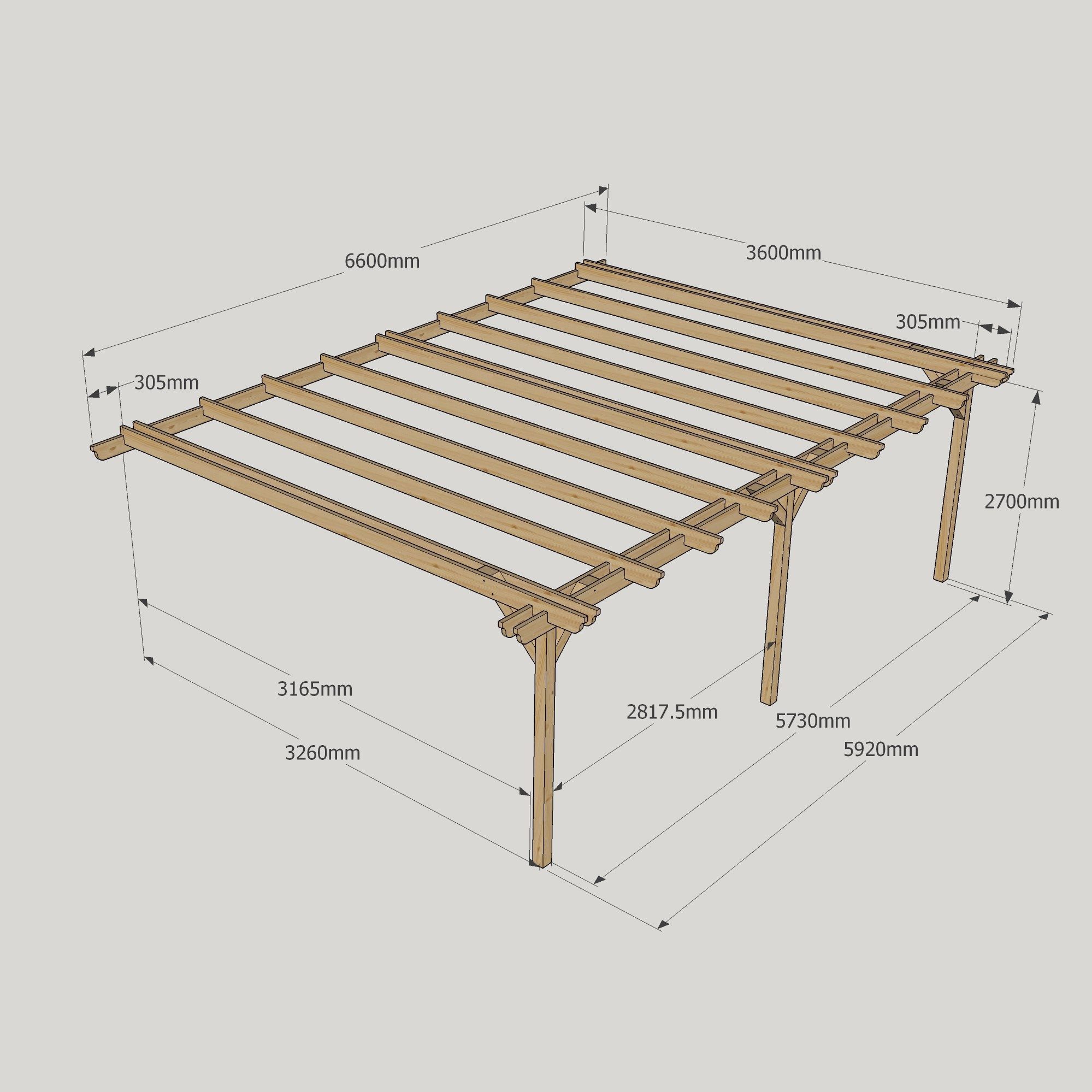 Wall Mounted Double Garden Pergola - 3.6m Deep 14 Wall Mounted Double Garden Pergola - 3600mm x 6600mm - 3 Post