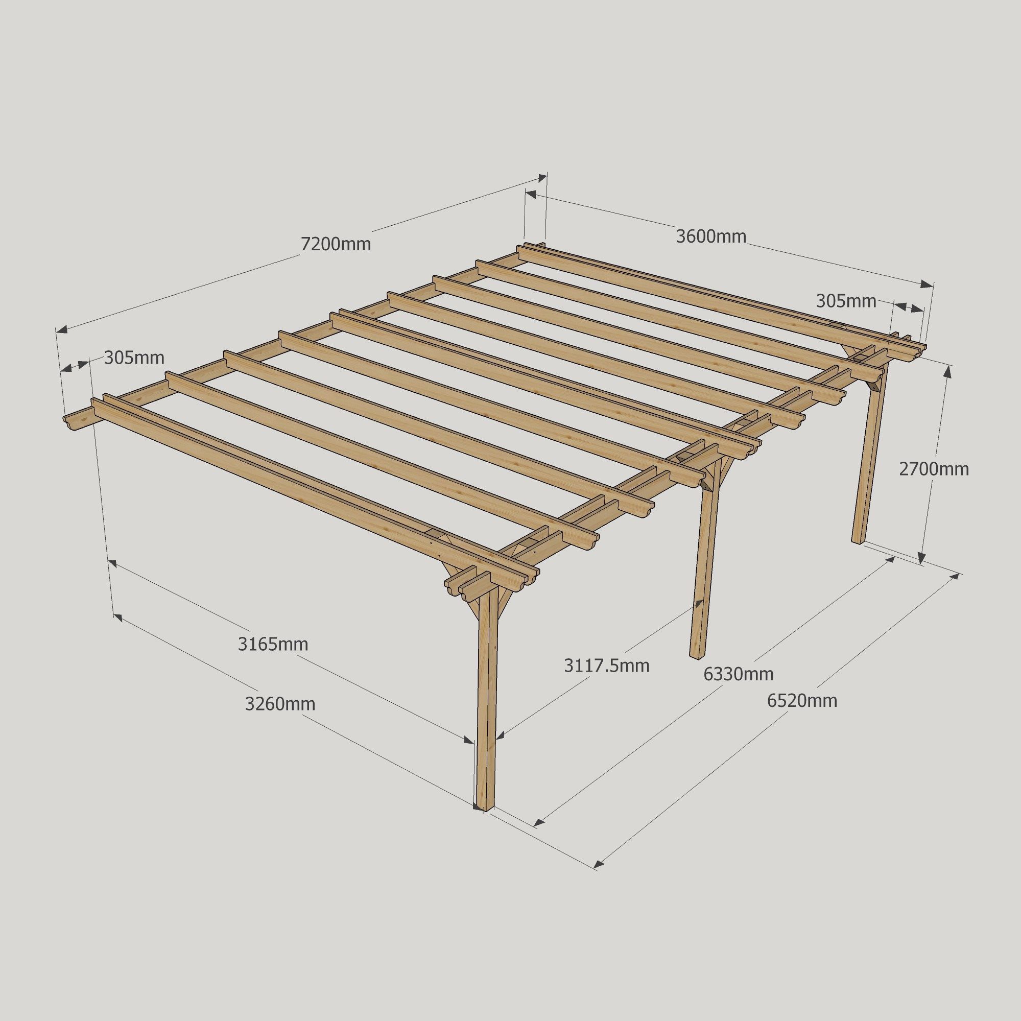 Wall Mounted Double Garden Pergola - 3.6m Deep 15 Wall Mounted Double Garden Pergola - 3600mm x 7200mm - 3 Post