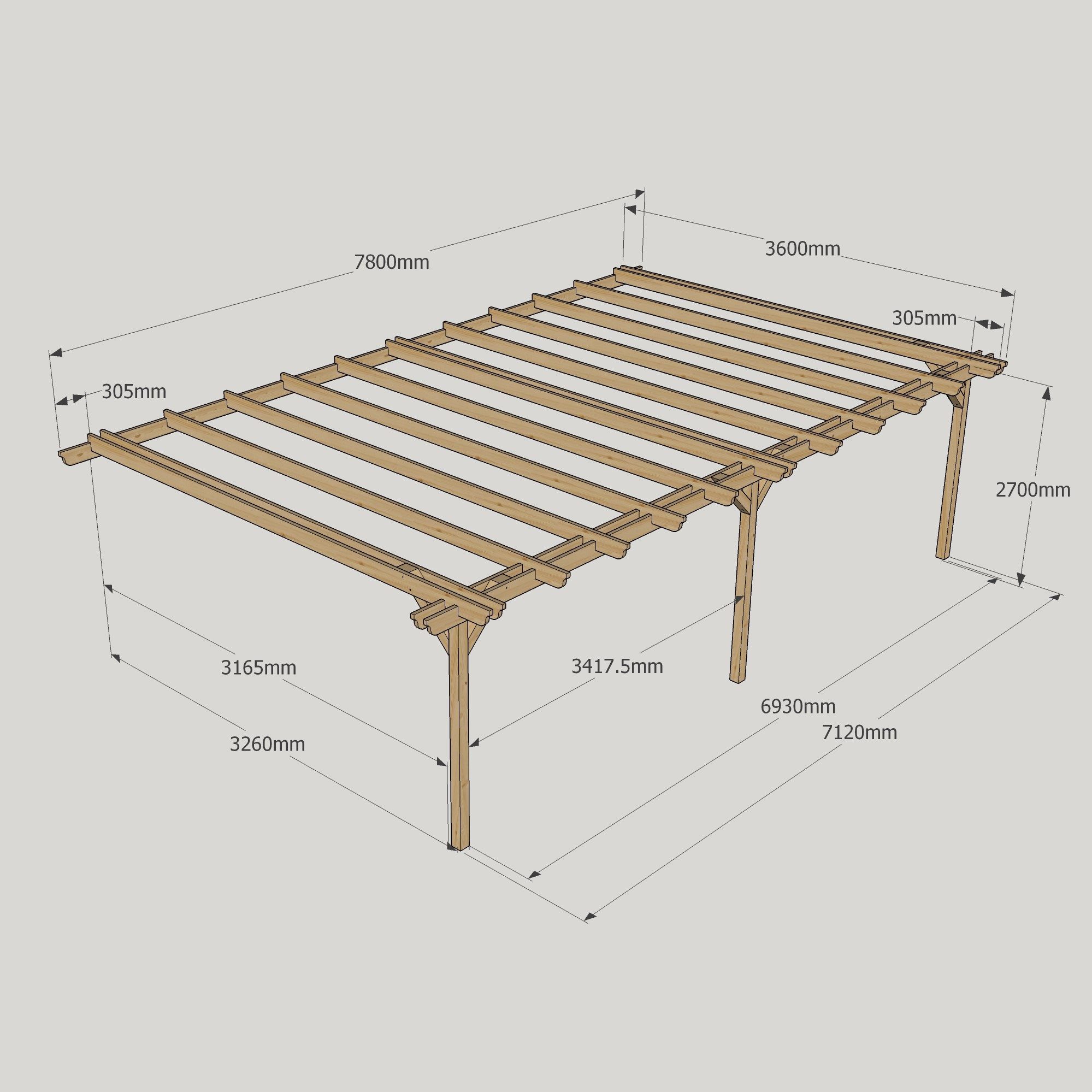 Wall Mounted Double Garden Pergola - 3.6m Deep 16 Wall Mounted Double Garden Pergola - 3600mm x 7800mm - 3 Post