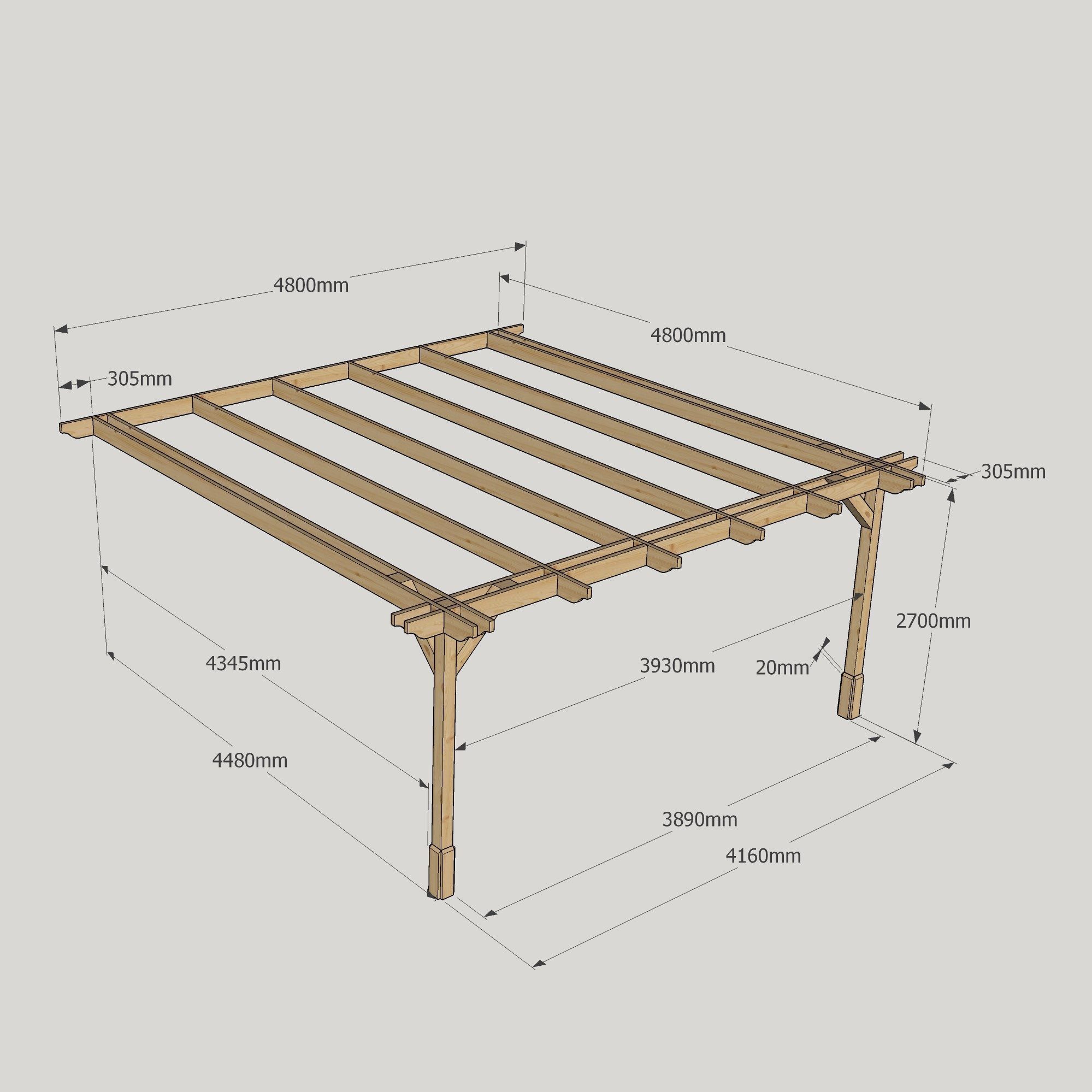 Wall Mounted Double Premium Pergola - 4.8m Deep 10 Wall Mounted Double Premium Pergola - 4800mm x 4800mm - 2 Post
