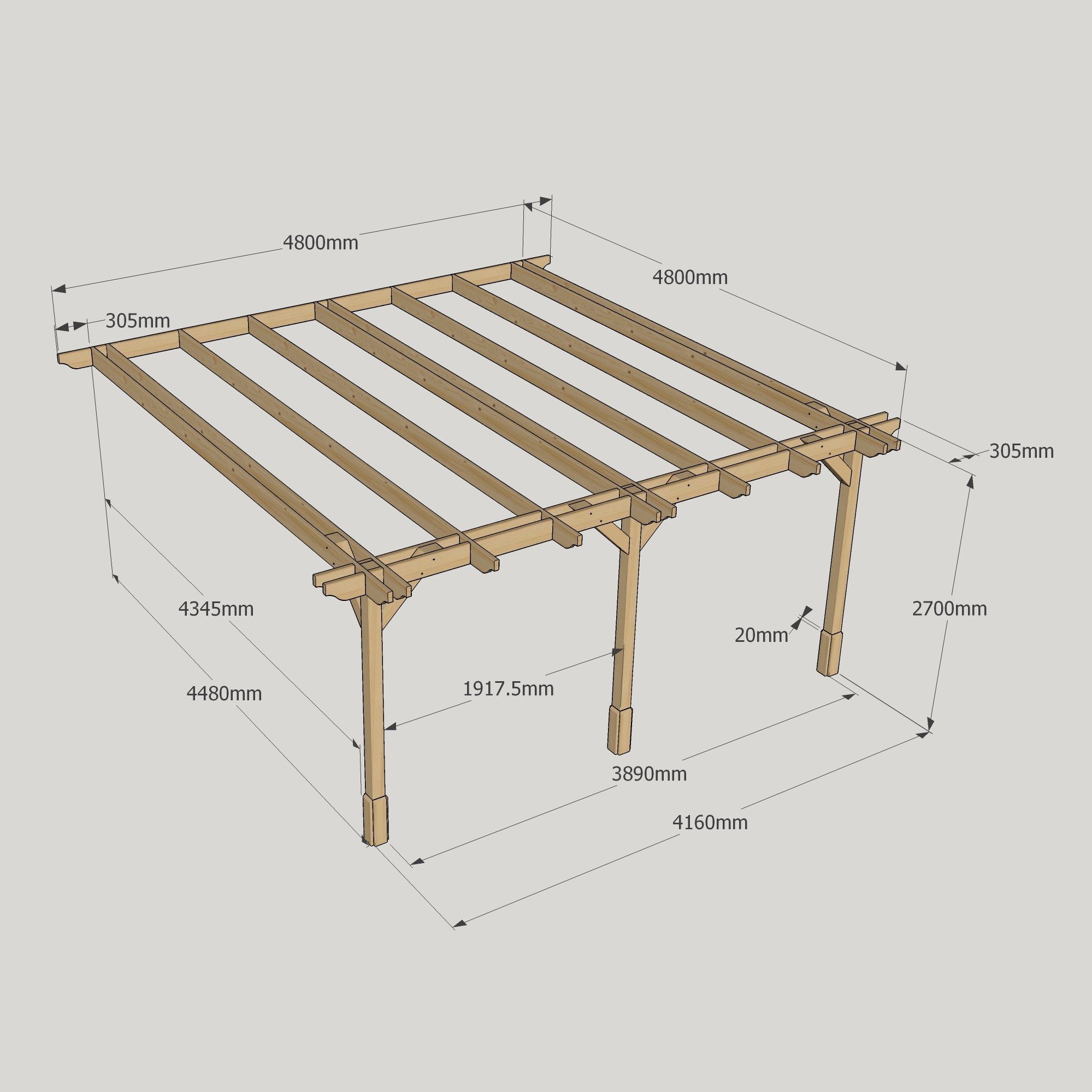Wall Mounted Double Premium Pergola - 4.8m Deep 11 Wall Mounted Double Premium Pergola - 4800mm x 4800mm - 3 Post