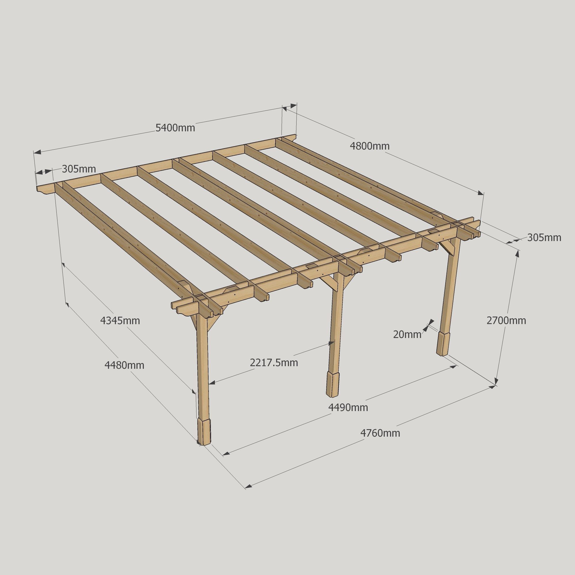 Wall Mounted Double Premium Pergola - 4.8m Deep 12 Wall Mounted Double Premium Pergola - 4800mm x 5400mm - 3 Post