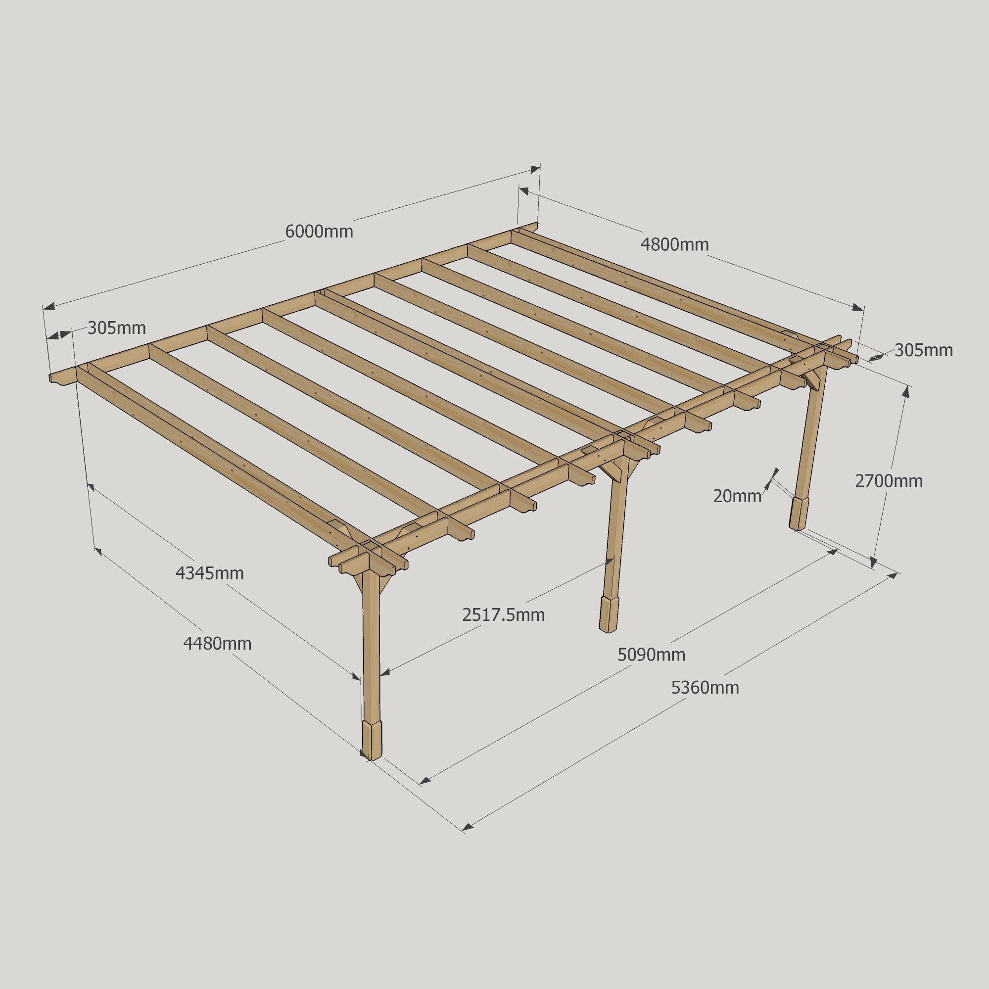 Wall Mounted Double Premium Pergola - 4.8m Deep 13 Wall Mounted Double Premium Pergola - 4800mm x 6000mm - 3 Post