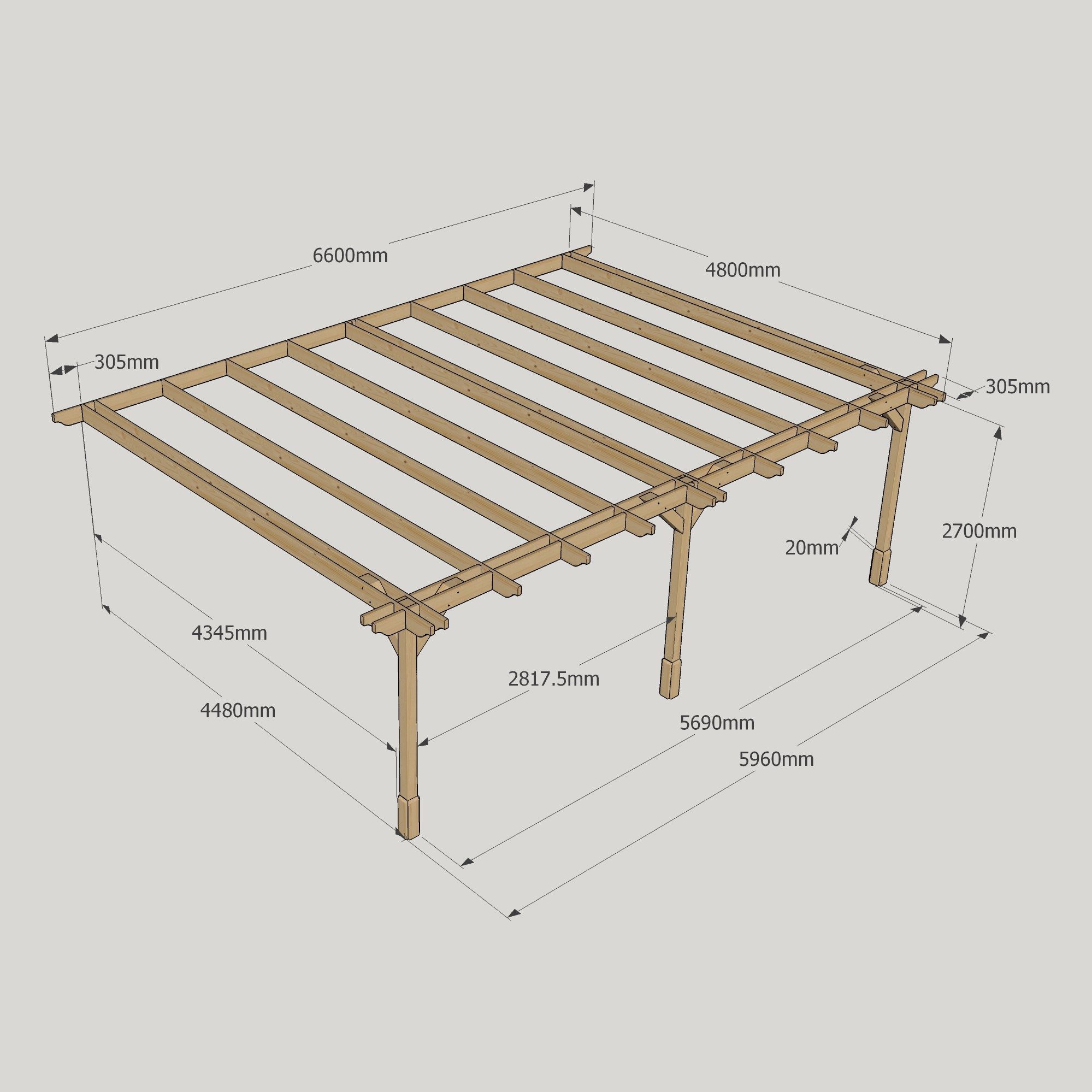 Wall Mounted Double Premium Pergola - 4.8m Deep 14 Wall Mounted Double Premium Pergola - 4800mm x 6600mm - 3 Post