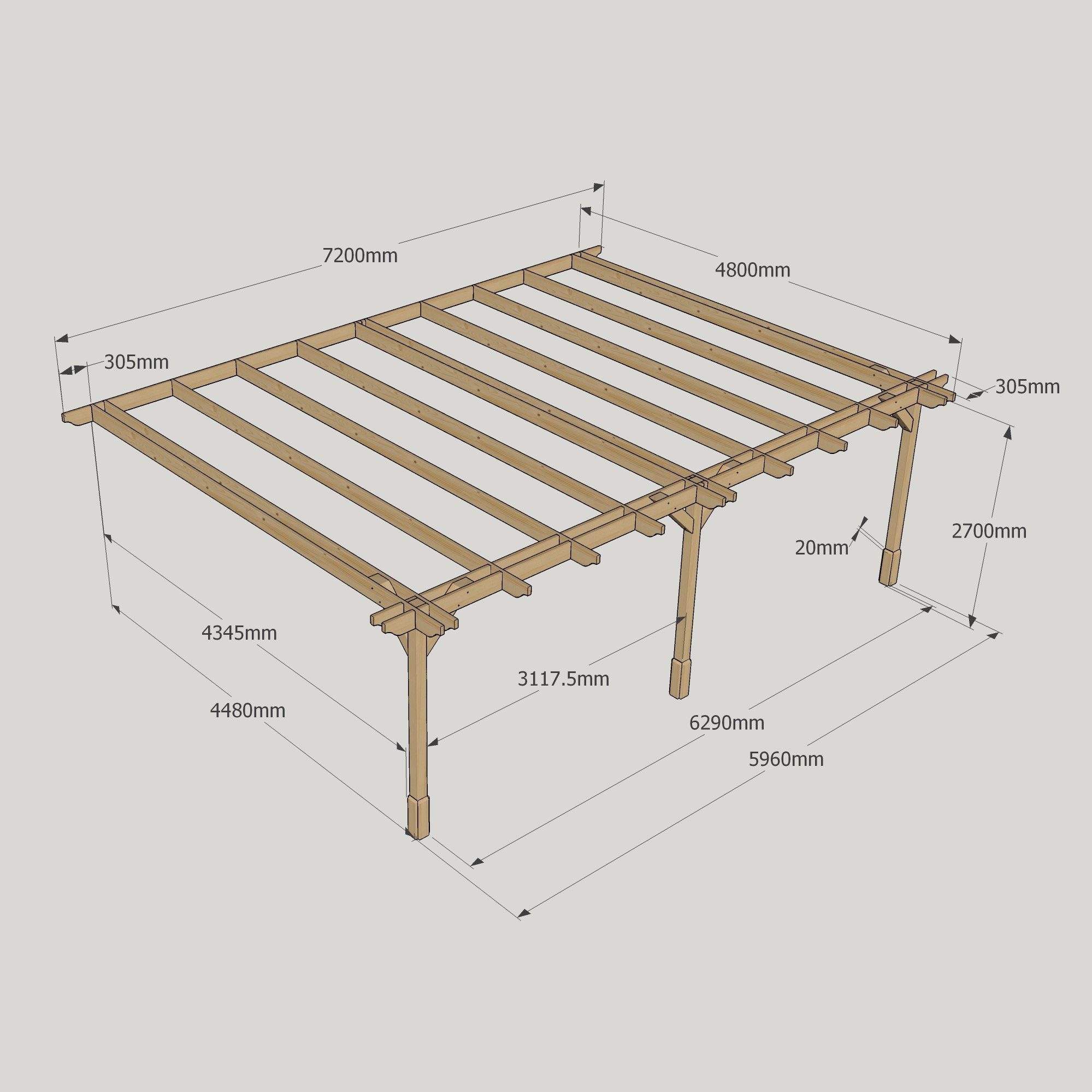 Wall Mounted Double Premium Pergola - 4.8m Deep 15 Wall Mounted Double Premium Pergola - 4800mm x 7200mm - 3 Post