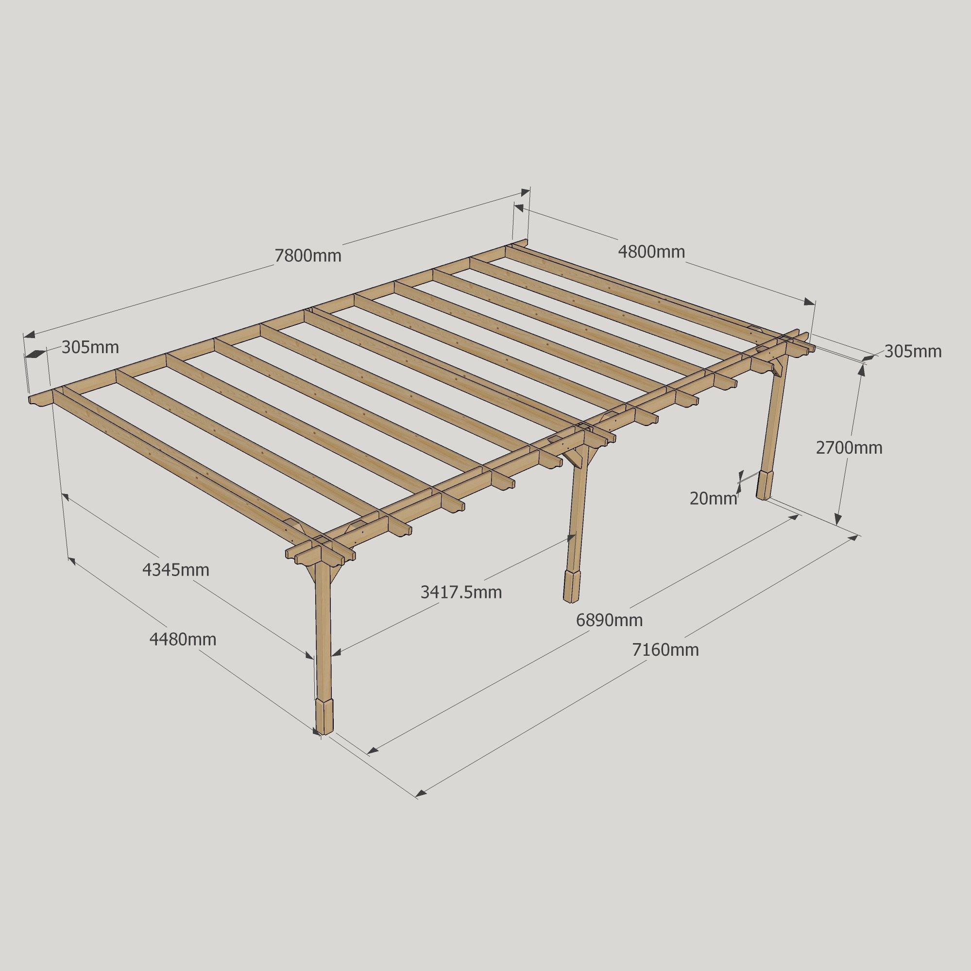Wall Mounted Double Premium Pergola - 4.8m Deep 16 Wall Mounted Double Premium Pergola - 4800mm x 7800mm - 3 Post