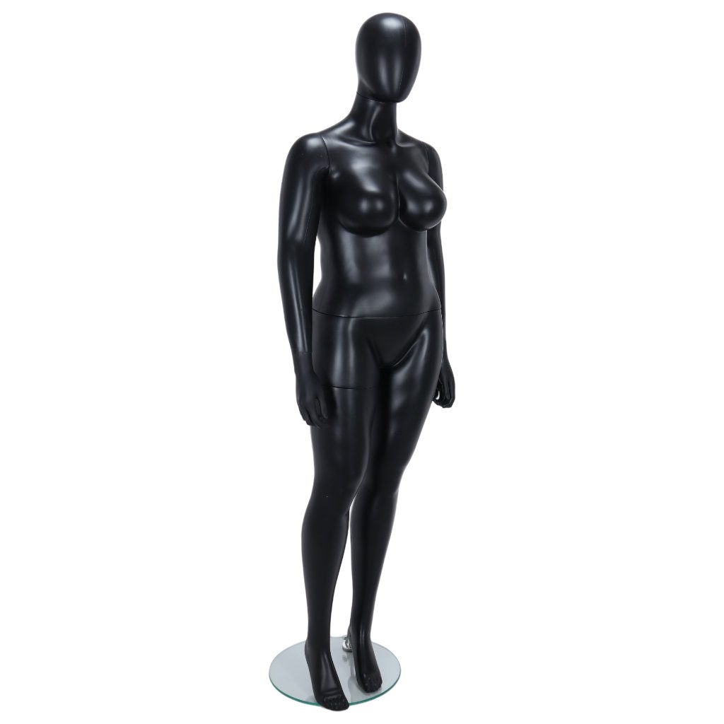 R349B Female Fuller Figure Mannequin - Egg Head - Black Finish 1 R349B Female Mannequin - Life Size - Black Finish - Front Right View