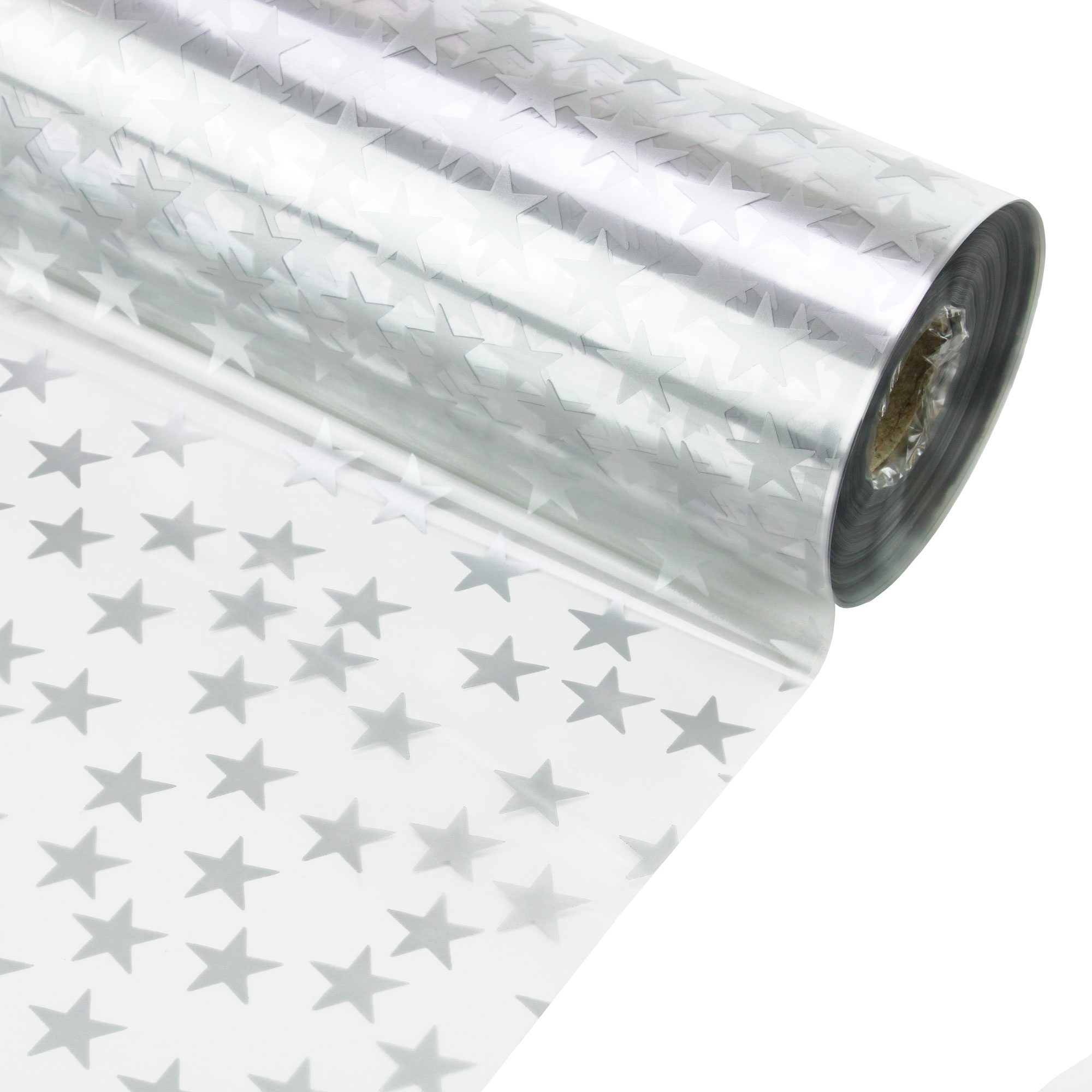 PA043 - Silver Stars Cellophane Wrap - 100m 1 PA043 - Silver Stars Cellophane Wrap - 100m