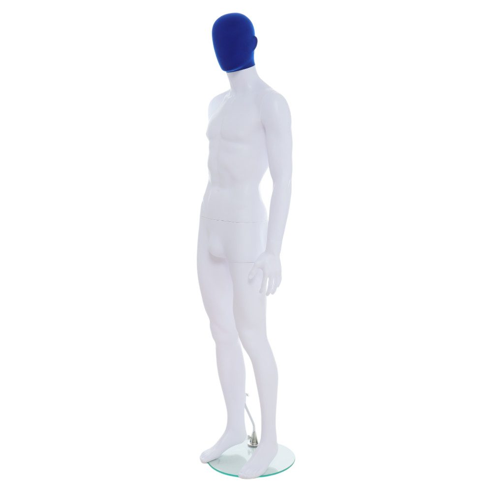 R357BP Male Mannequin - White Finish with Blue Pile Head 3 R357BP - Mens Mannequin - White with Blue Pile Head - Front Left View