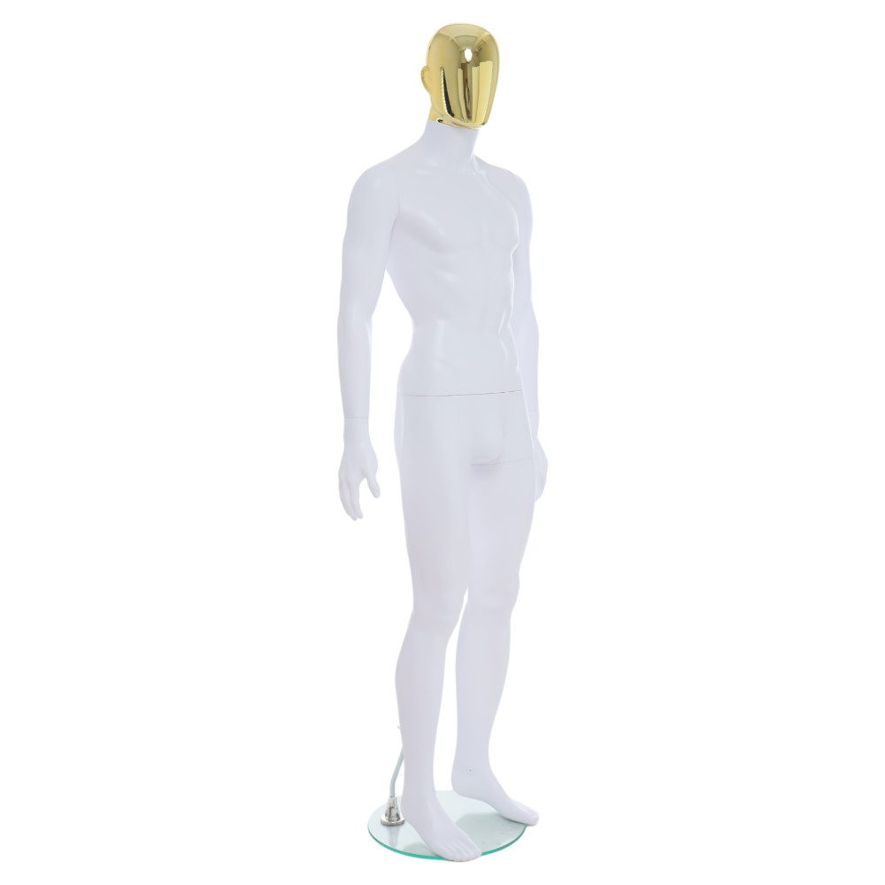 R357GD Male Mannequin - White Finish with Gold Head 1 R357GD - Mens Mannequin - White with Gold Head - Front Right View