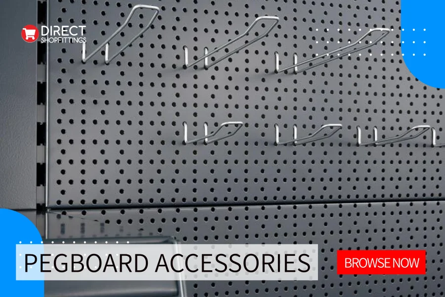 Range of pegboard hooks and accessories for retail display.