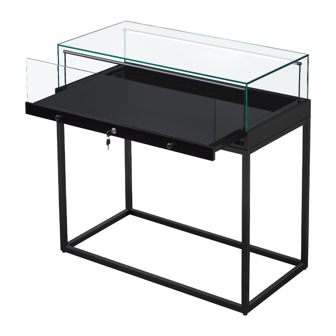 R2703B - Counter Display Case with Open Frame - Black 2 R2703B - Counter Display Case - Rear Angle - Open Drawer