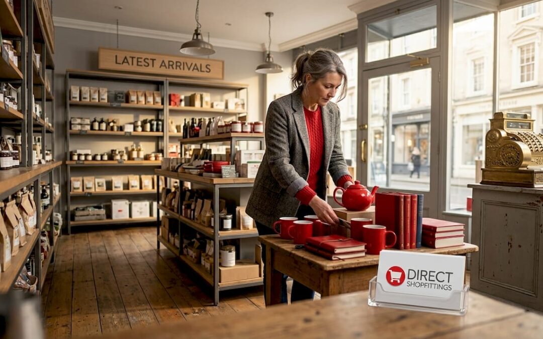 Owner arranging retail merchandise displays in small store
