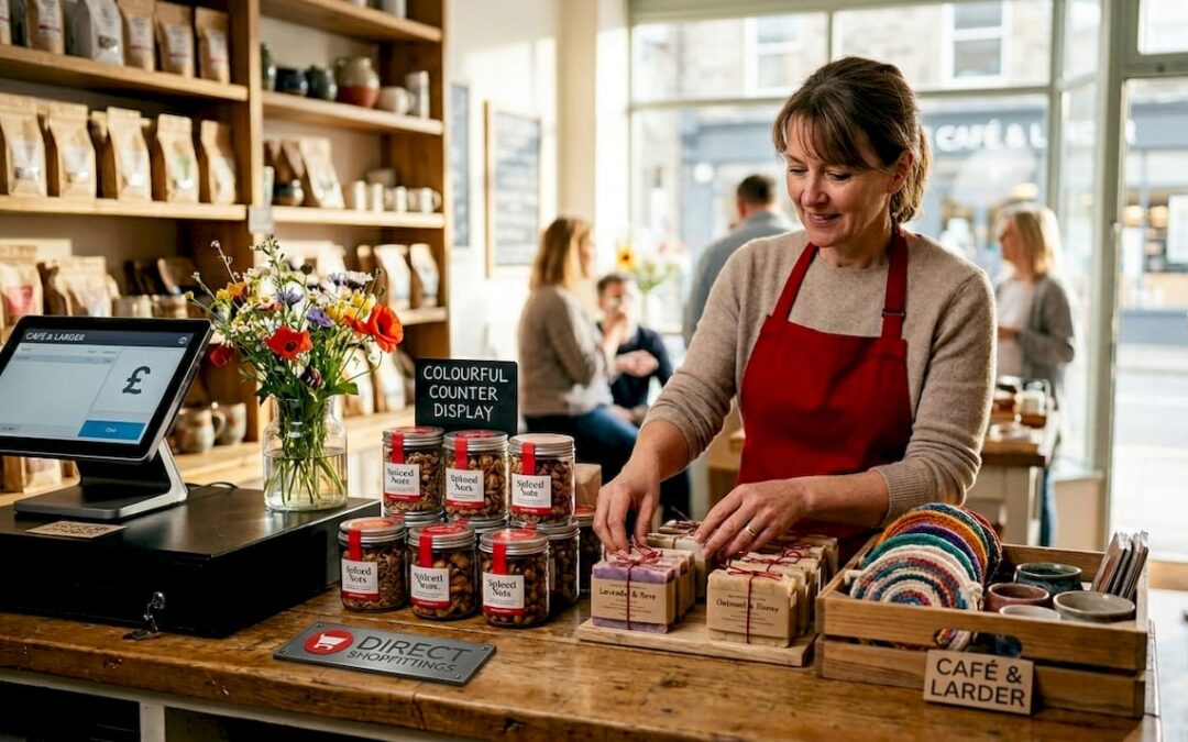 Shop owner arranging retail counter display